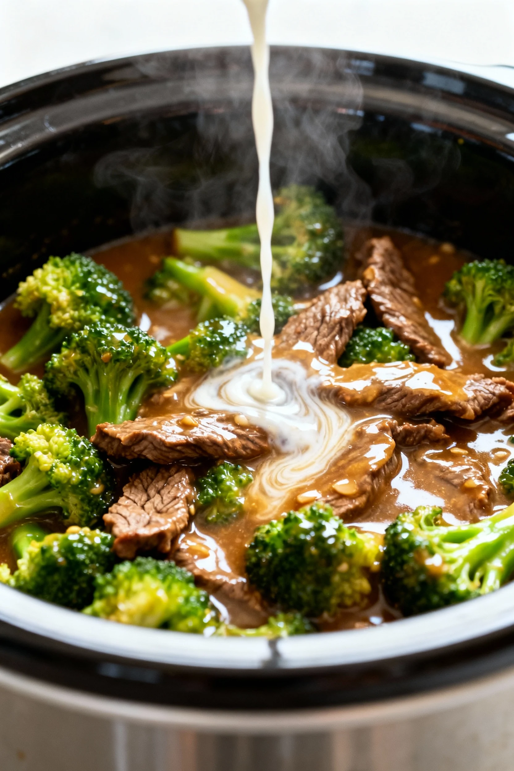 1. Cooking process: glossy soy-garlic Beef and Broccoli thickening stage in the slow cooker—cornstarch slurry swirling i