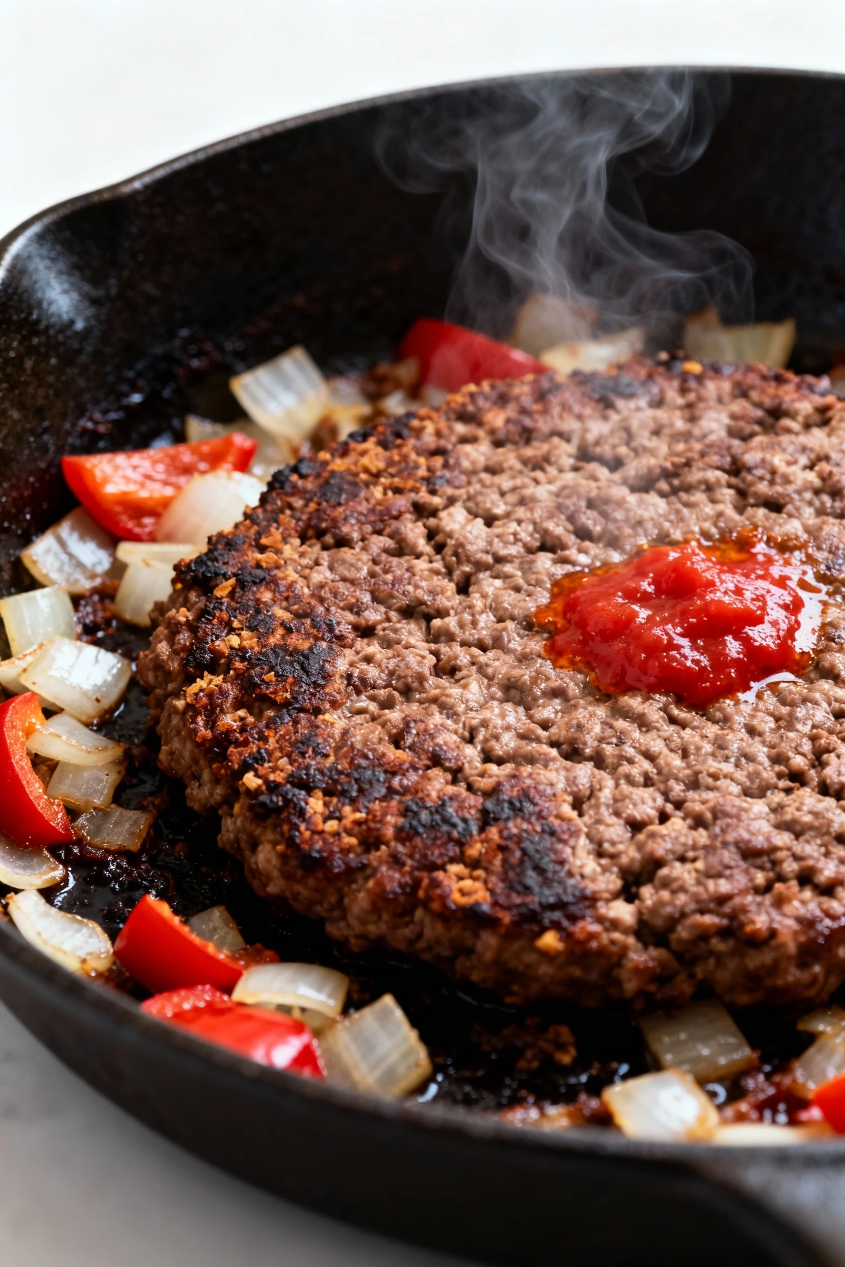 Close-up sear: deeply browned ground beef pressed flat in a 12-inch cast-iron skillet with crunchy crust and dark fond, 
