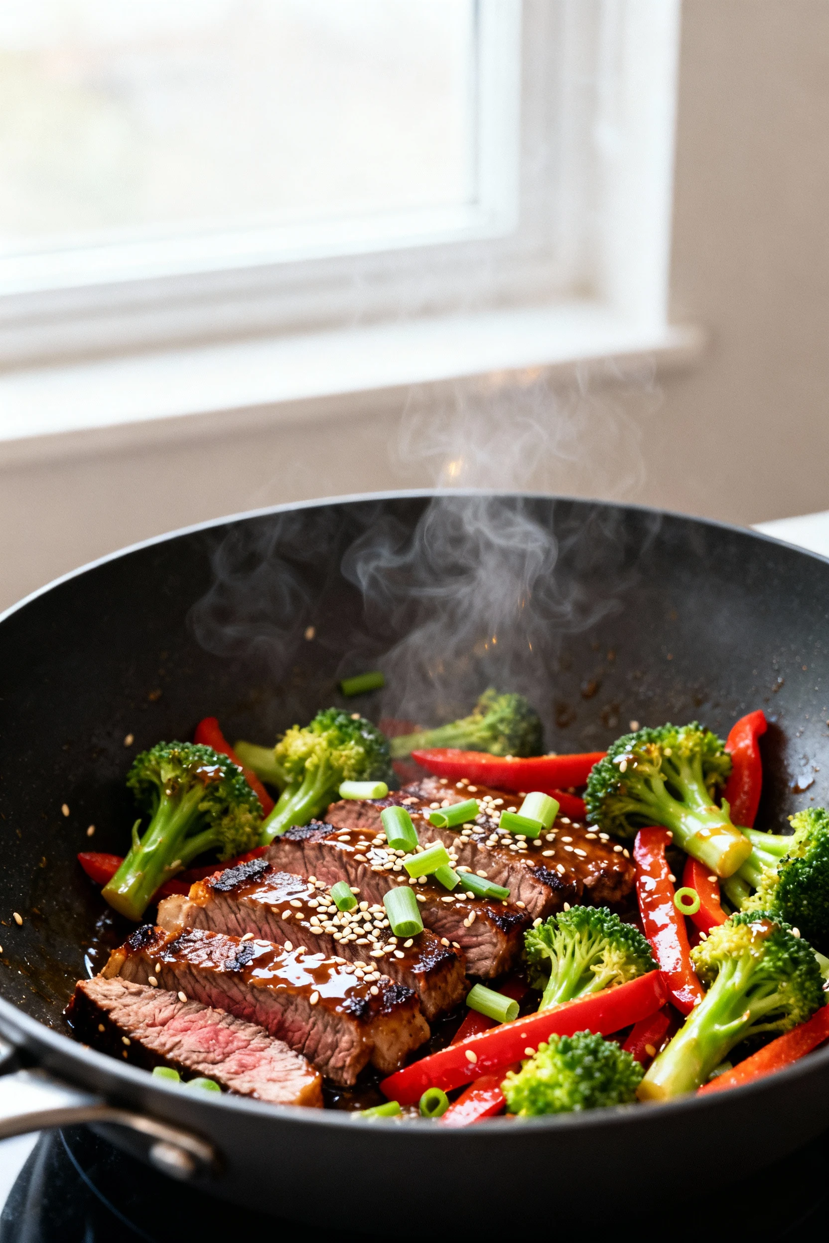 Lean Steak Stir-Fry with Broccoli being tossed in a hot wok—seared flank steak slices with caramelized edges, vibrant br