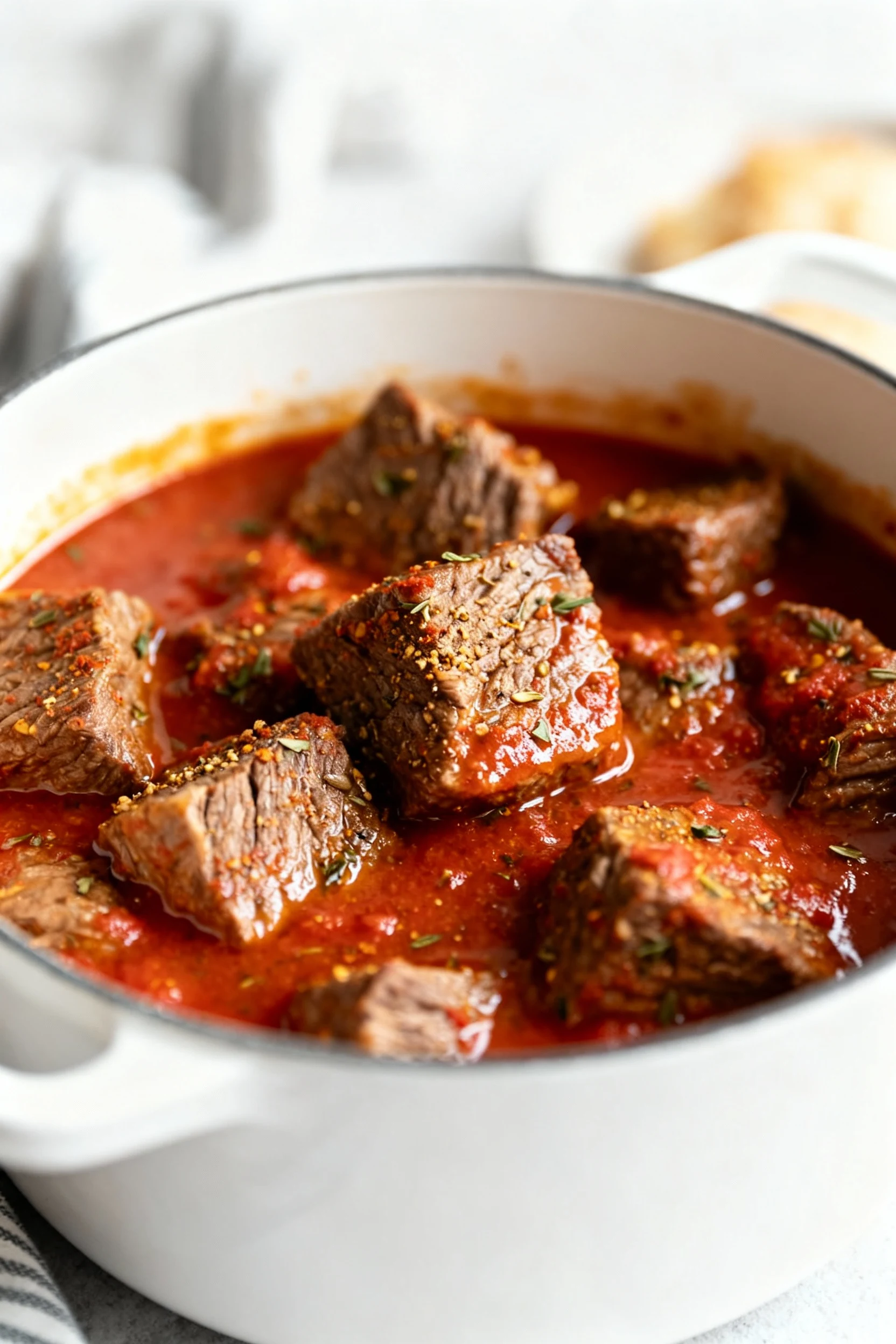 Close-up of tender Instant Pot beef chunks coated in rich tomato-paprika sauce, with visible flecks of oregano and cumin
