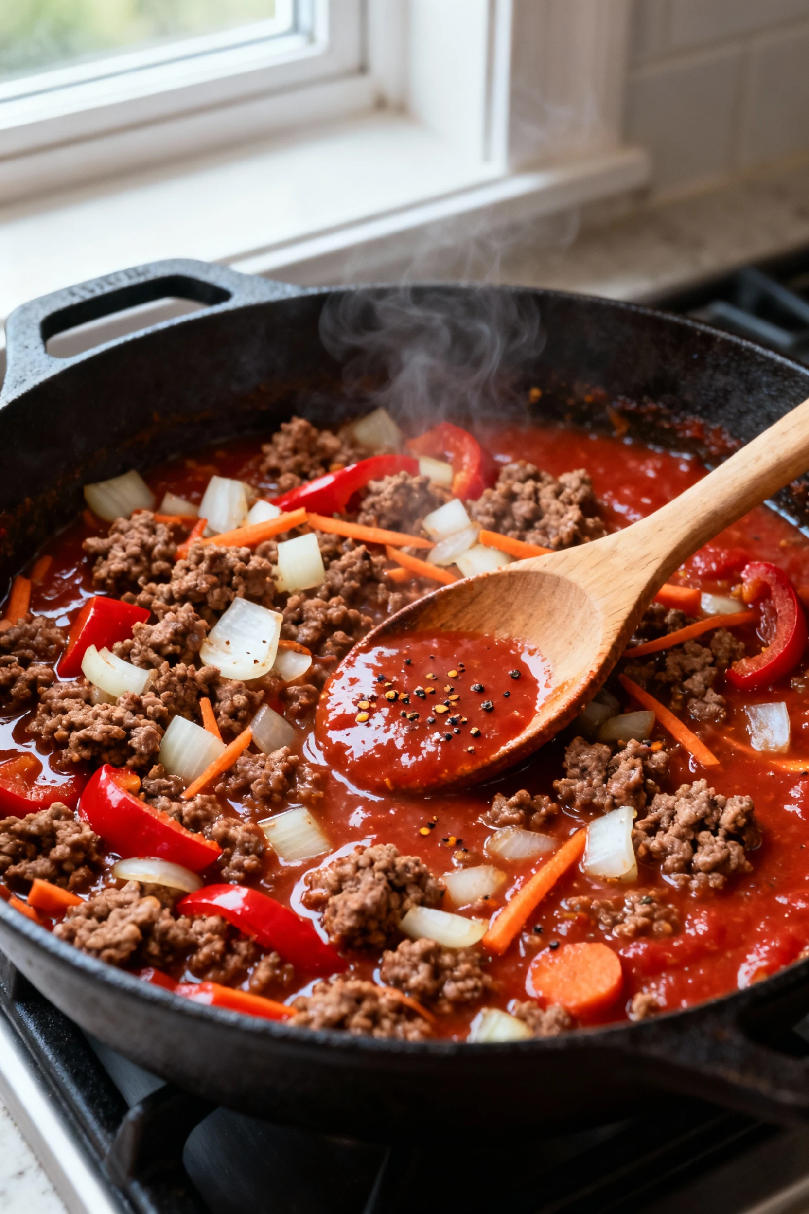 Cooking process: master ground beef mix simmering and reducing in a cast-iron skillet—deeply browned beef with softened 