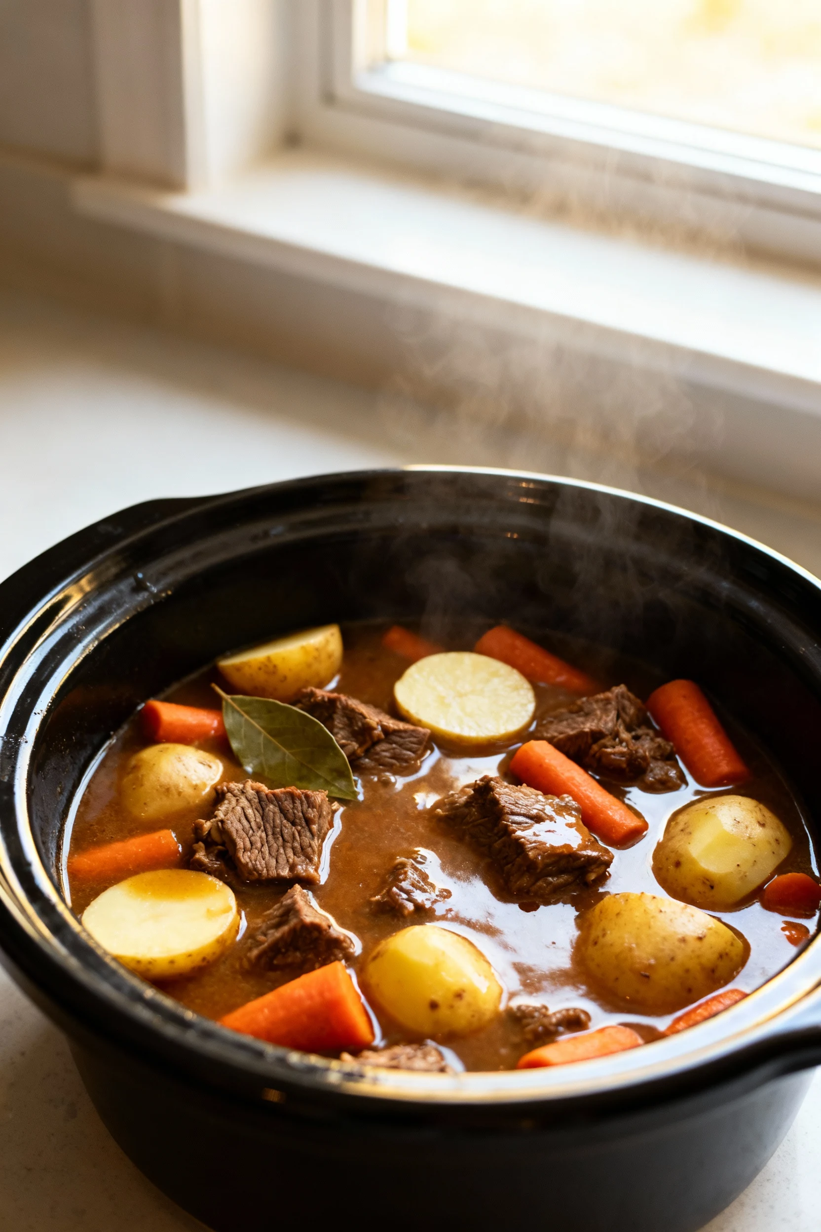 Overhead shot of a crockpot filled with simmering beef stew: fall-apart chuck cubes, chunky carrots and halved Yukon gol
