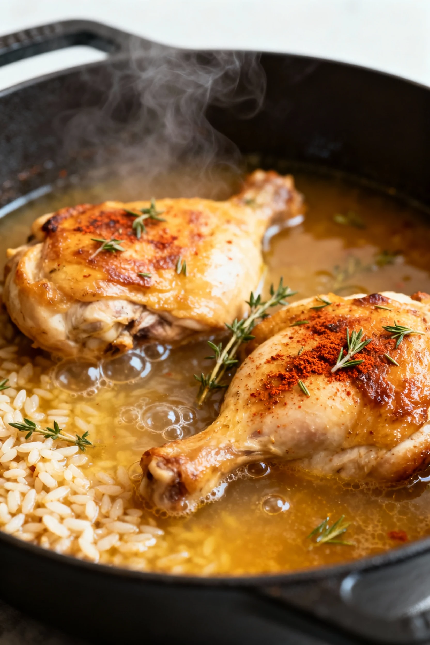 1. Close-up of golden-seared chicken thighs nestled in simmering broth with rice; paprika- and thyme-speckled, fond on t