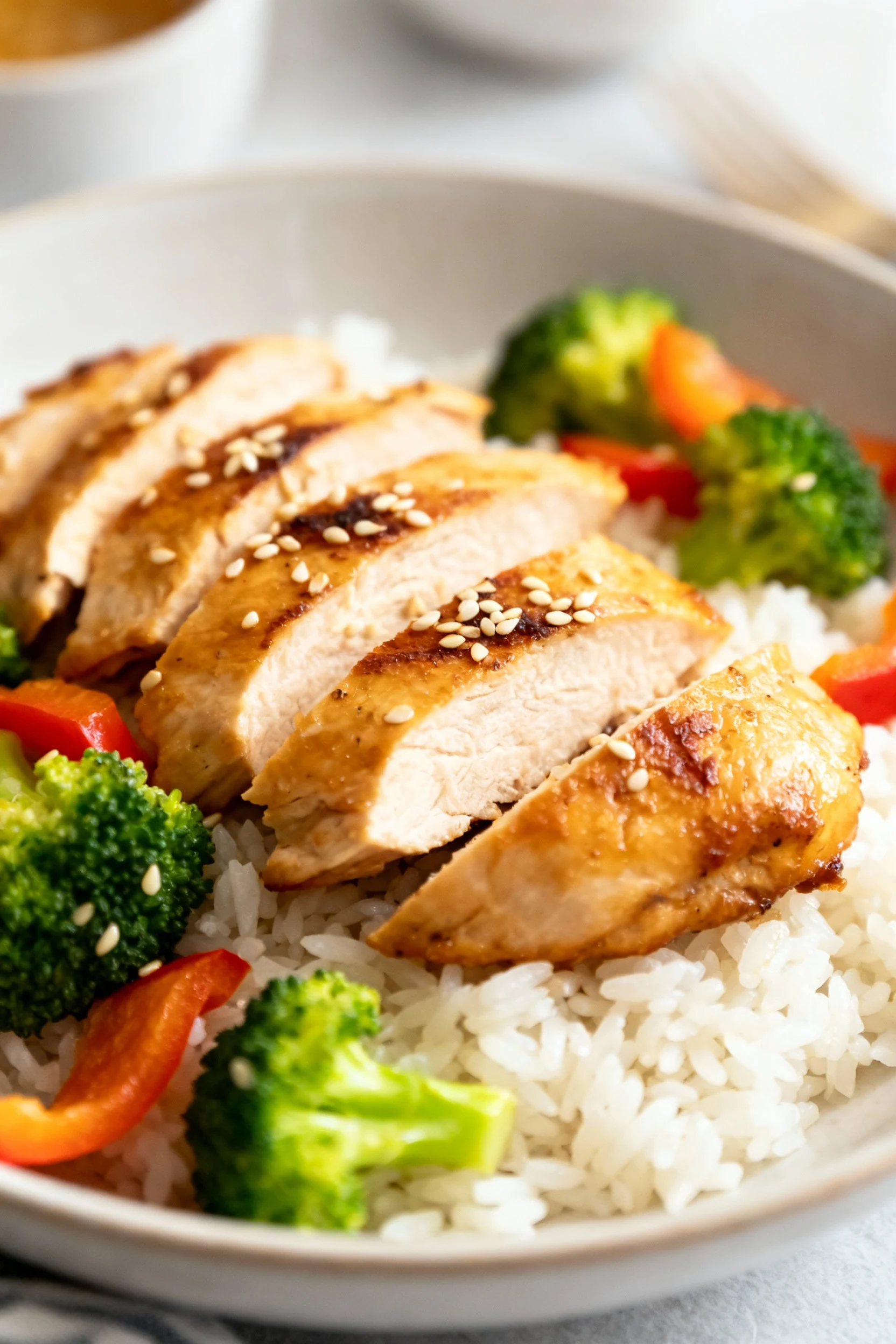 Close-up of golden seared chicken breast slices arranged over fluffy jasmine rice, vibrant broccoli and bell pepper acce