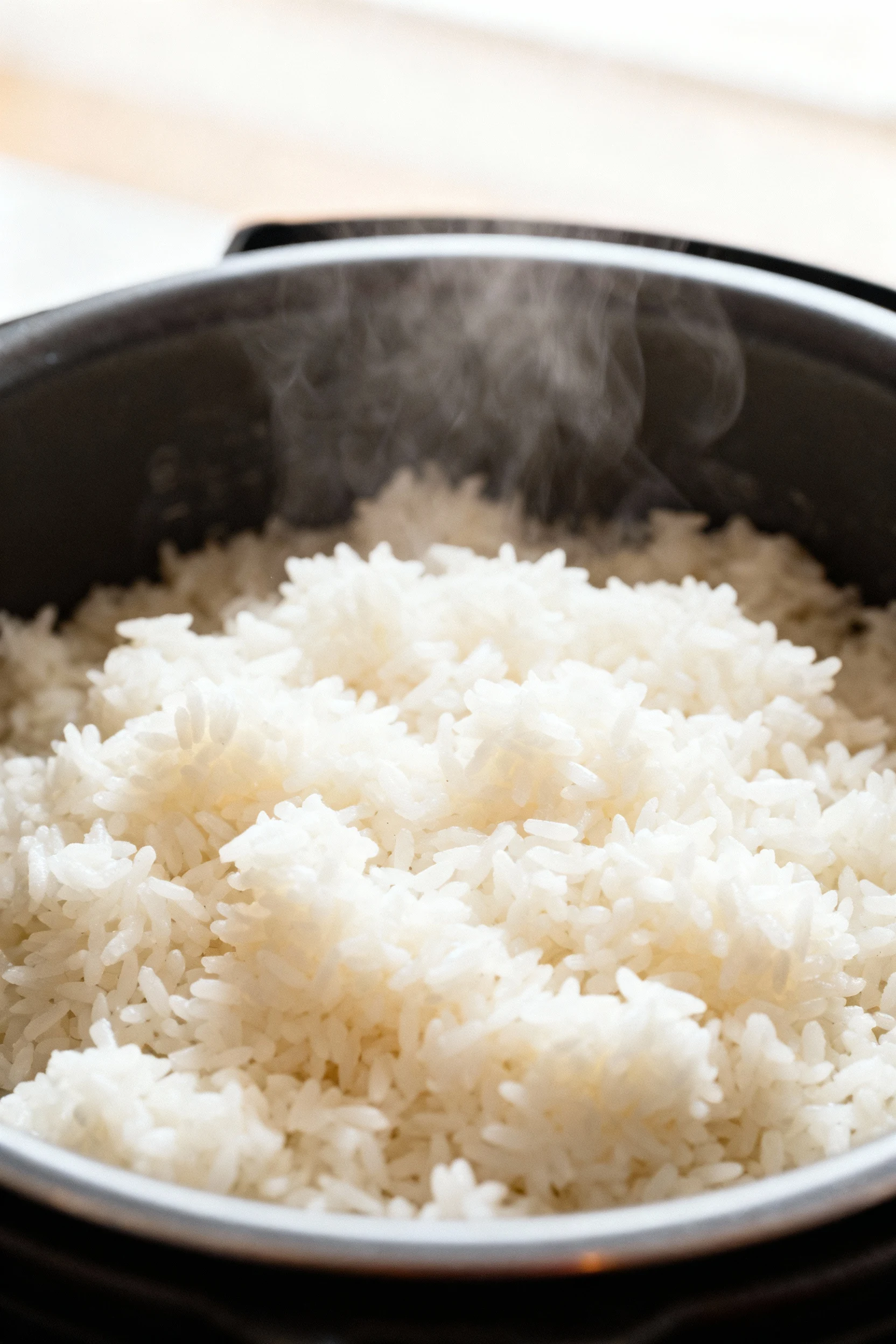 Close-up of freshly fluffed white rice in the Instant Pot, each grain distinct and steaming, soft natural light highligh