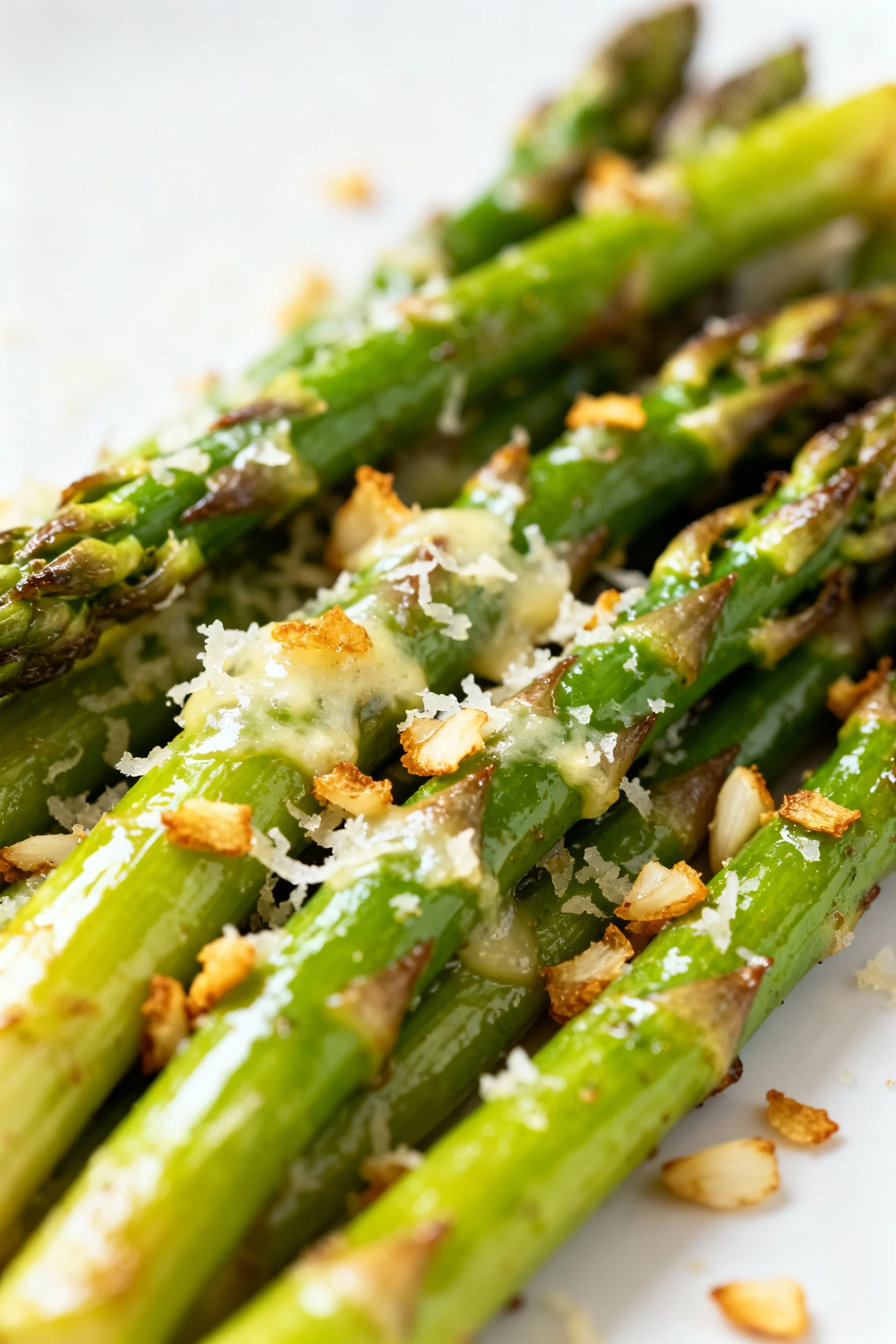 Close-up of tender-crisp air fryer asparagus spears glistening with melted Parmesan and golden-brown garlic bits, shallo