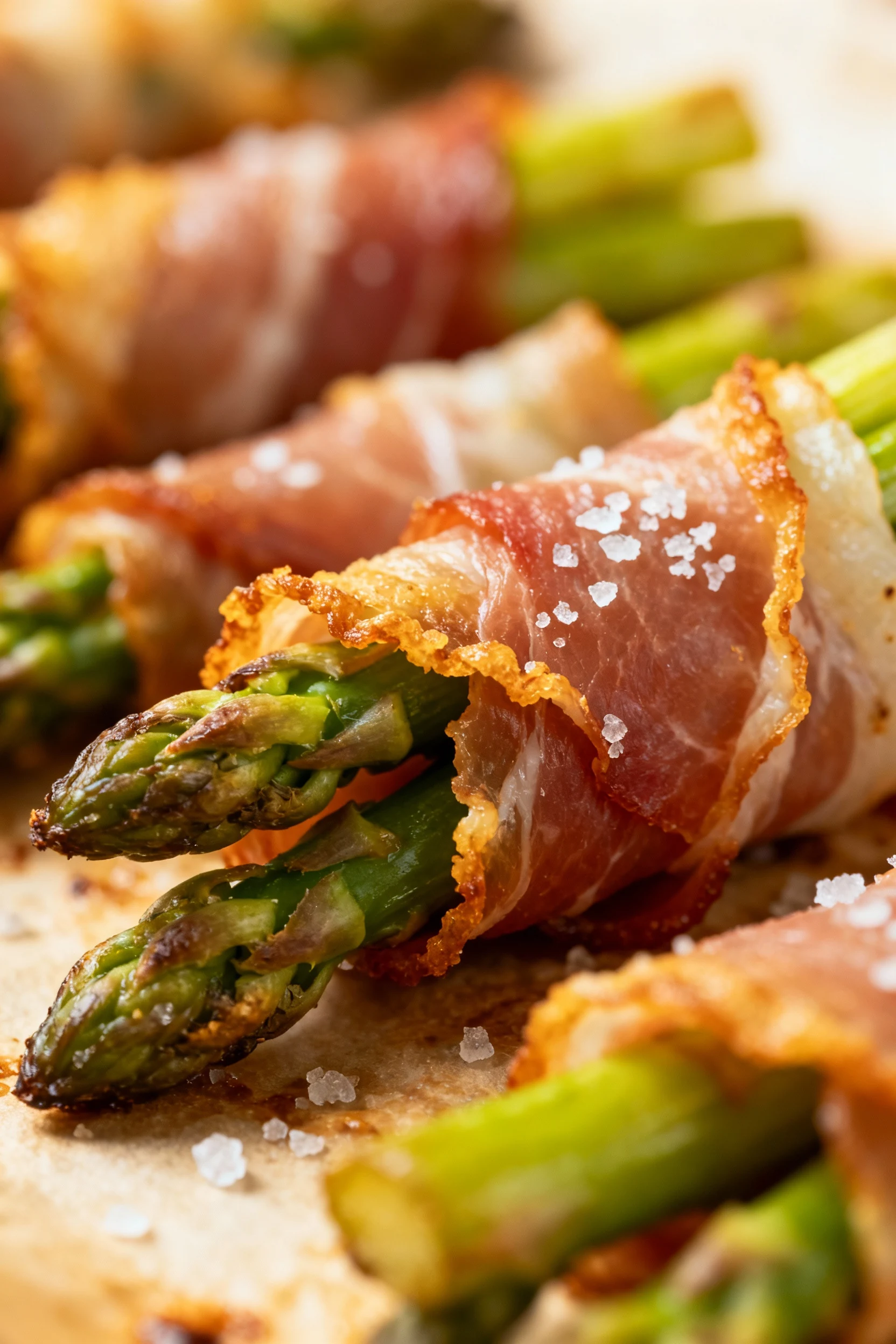 Close-up of crispy prosciutto tightly wrapped around tender asparagus spears fresh from the oven, golden edges and delic
