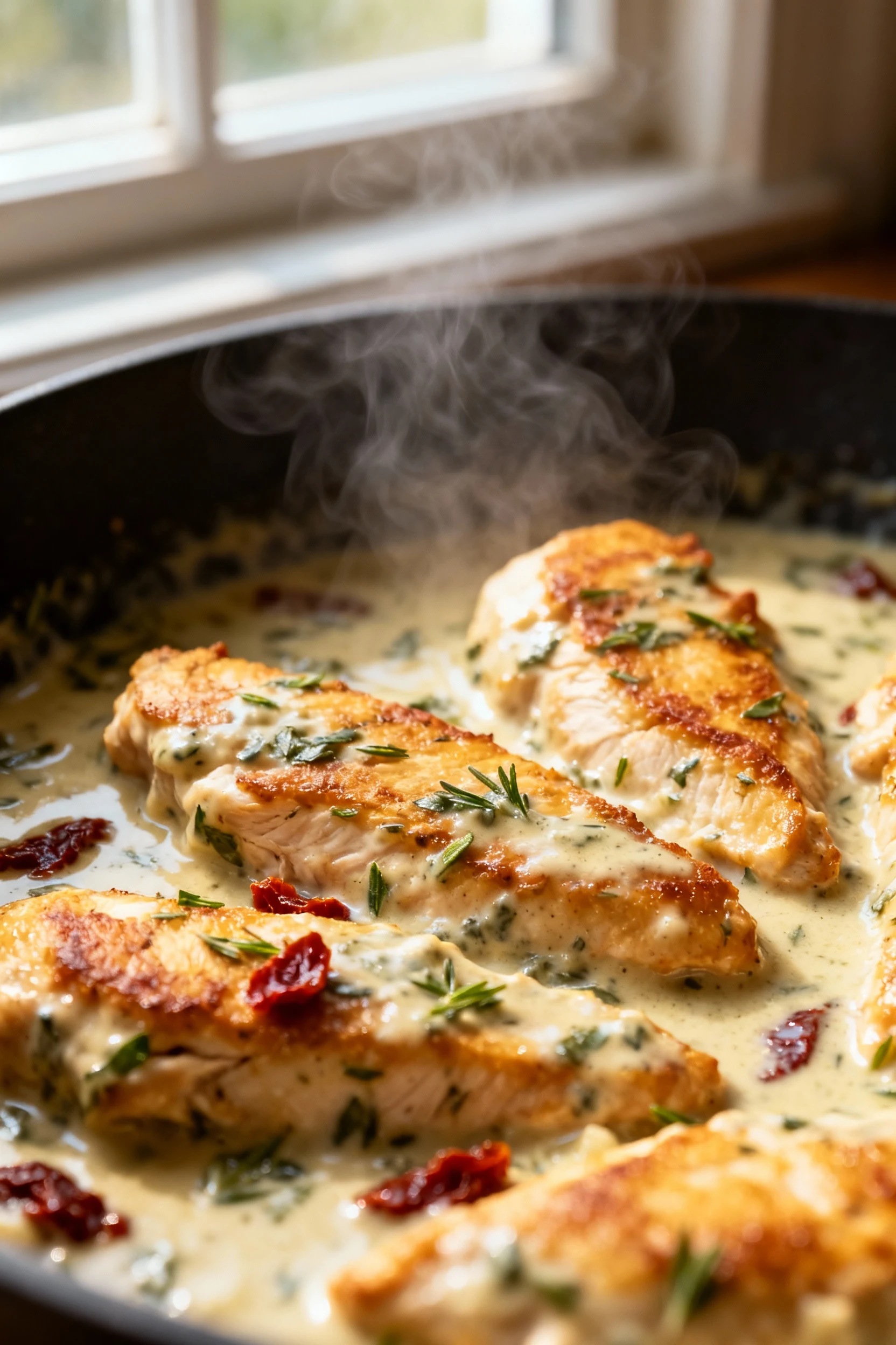 Close-up of golden-seared chicken strips coated in creamy Tuscan sauce with flecks of Italian herbs and small bits of su