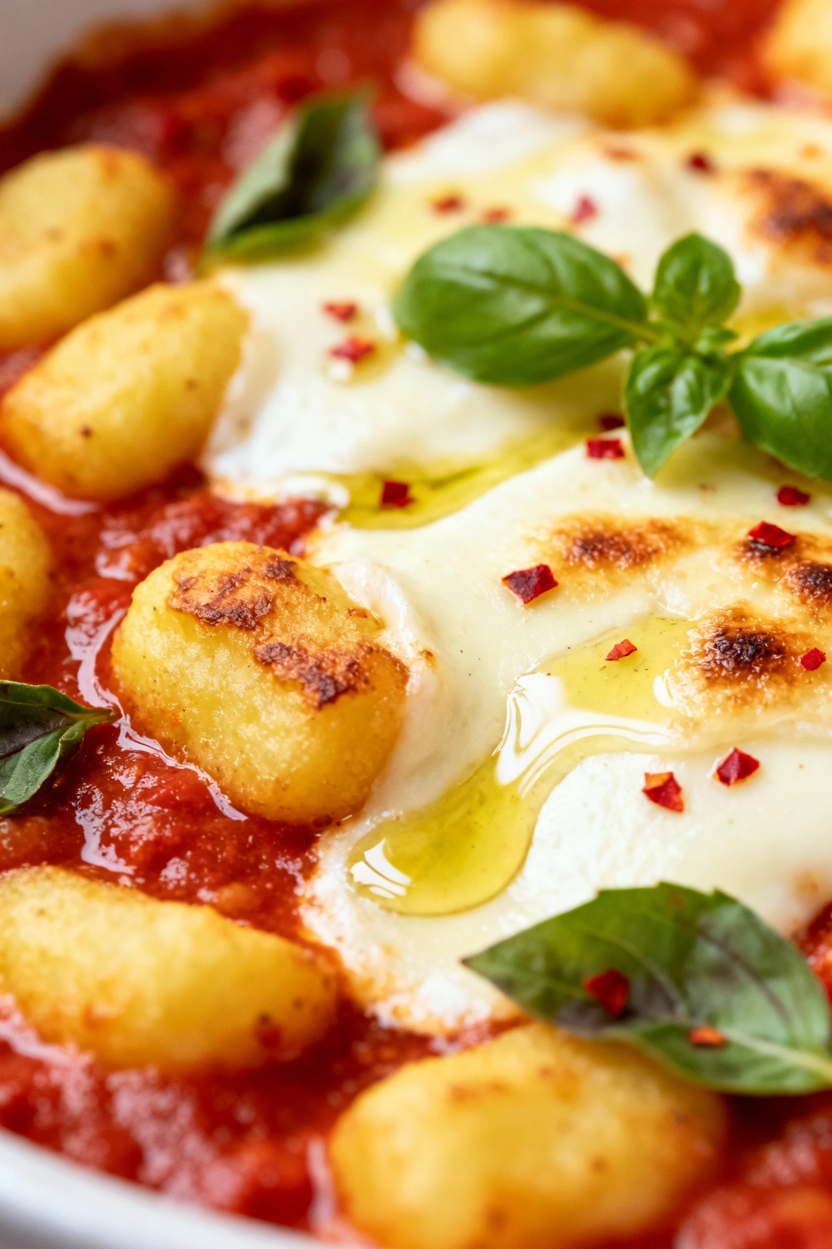 Macro close-up of baked potato gnocchi nestled in bubbling marinara with golden, lightly browned low-moisture mozzarella