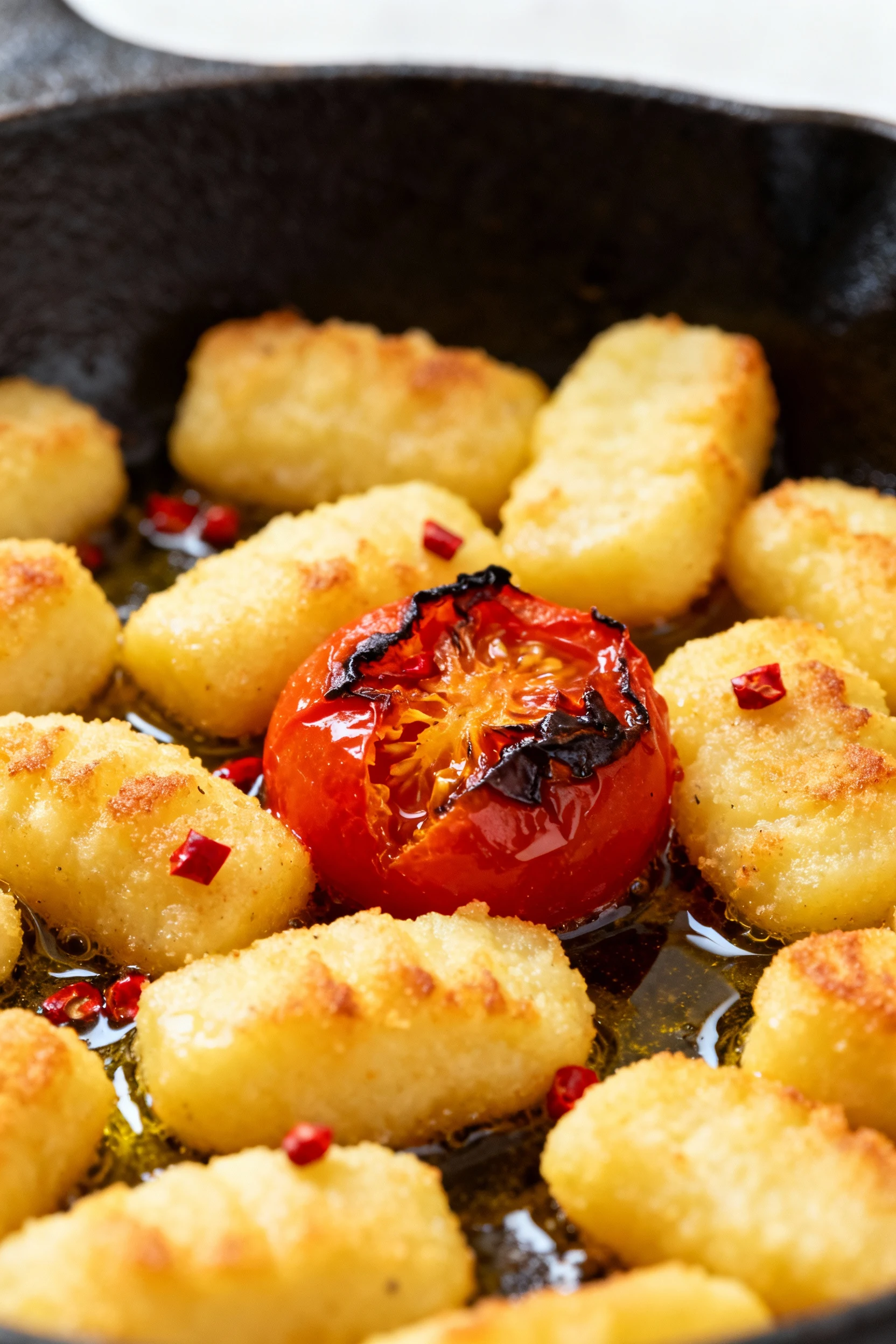 1. Close-up of golden, shatter-crisp gnocchi sizzling in a cast-iron skillet, tomatoes blistering and beginning to burst