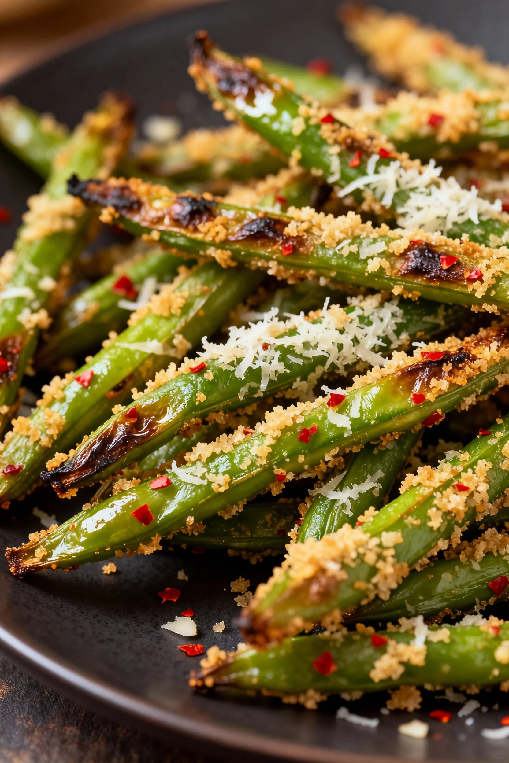 Close-up of crispy air-fried green beans with a finely grated Parmesan–garlic crust, blistered bright-green skins, speck