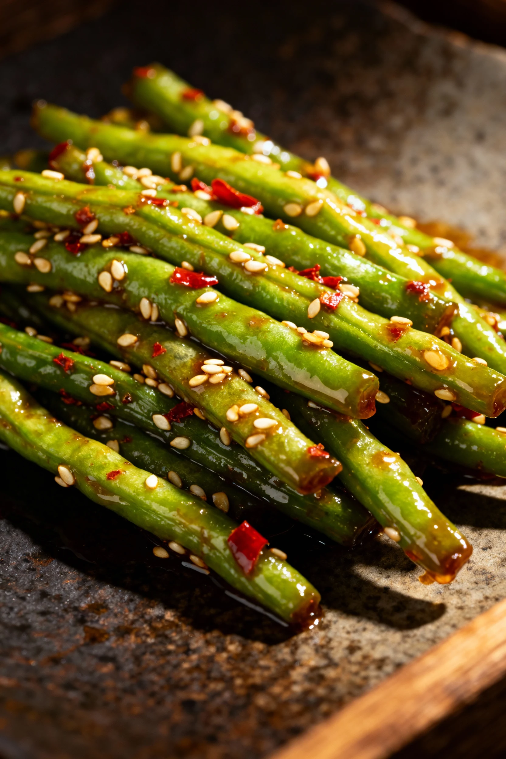 Close-up of glossy stir-fried green beans coated in garlicky soy-oyster glaze, flecked with sesame seeds and red chili f