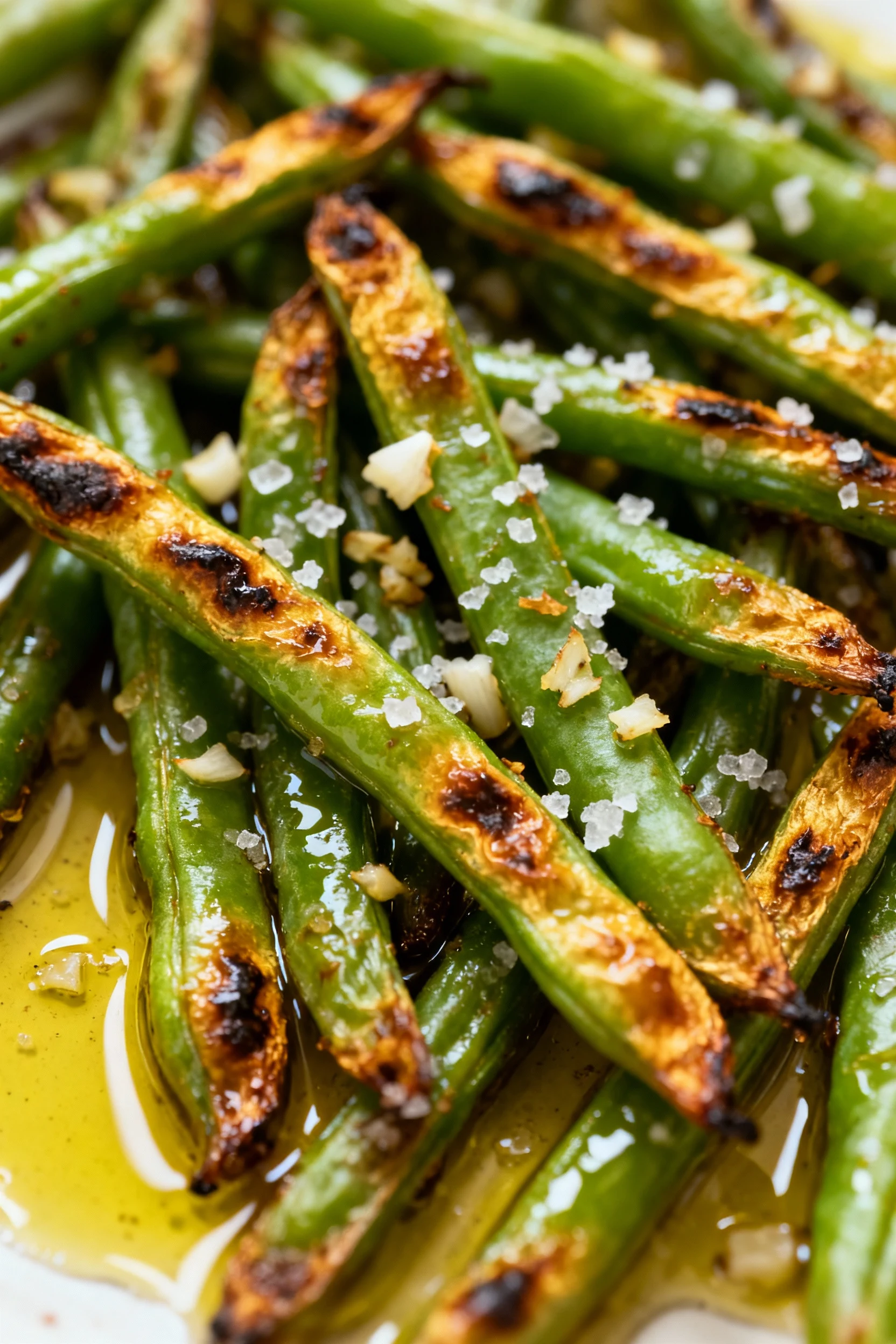Close-up of roasted green beans with golden-brown charred tips glistening in olive oil, flecks of minced garlic visible,