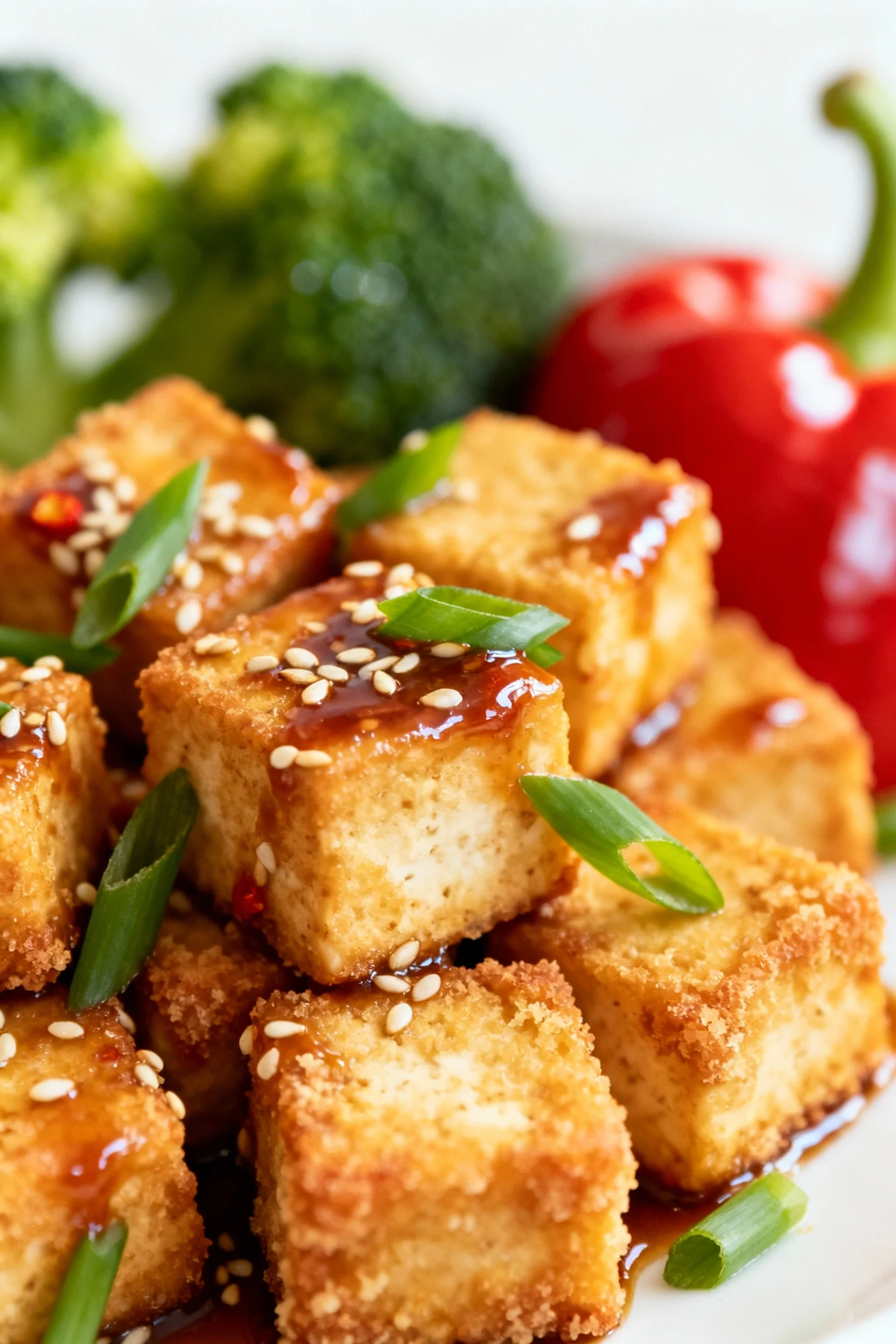 Close-up detail of crispy golden tofu cubes with cornstarch crust, lightly lacquered in sticky soy-ginger-chili glaze, s