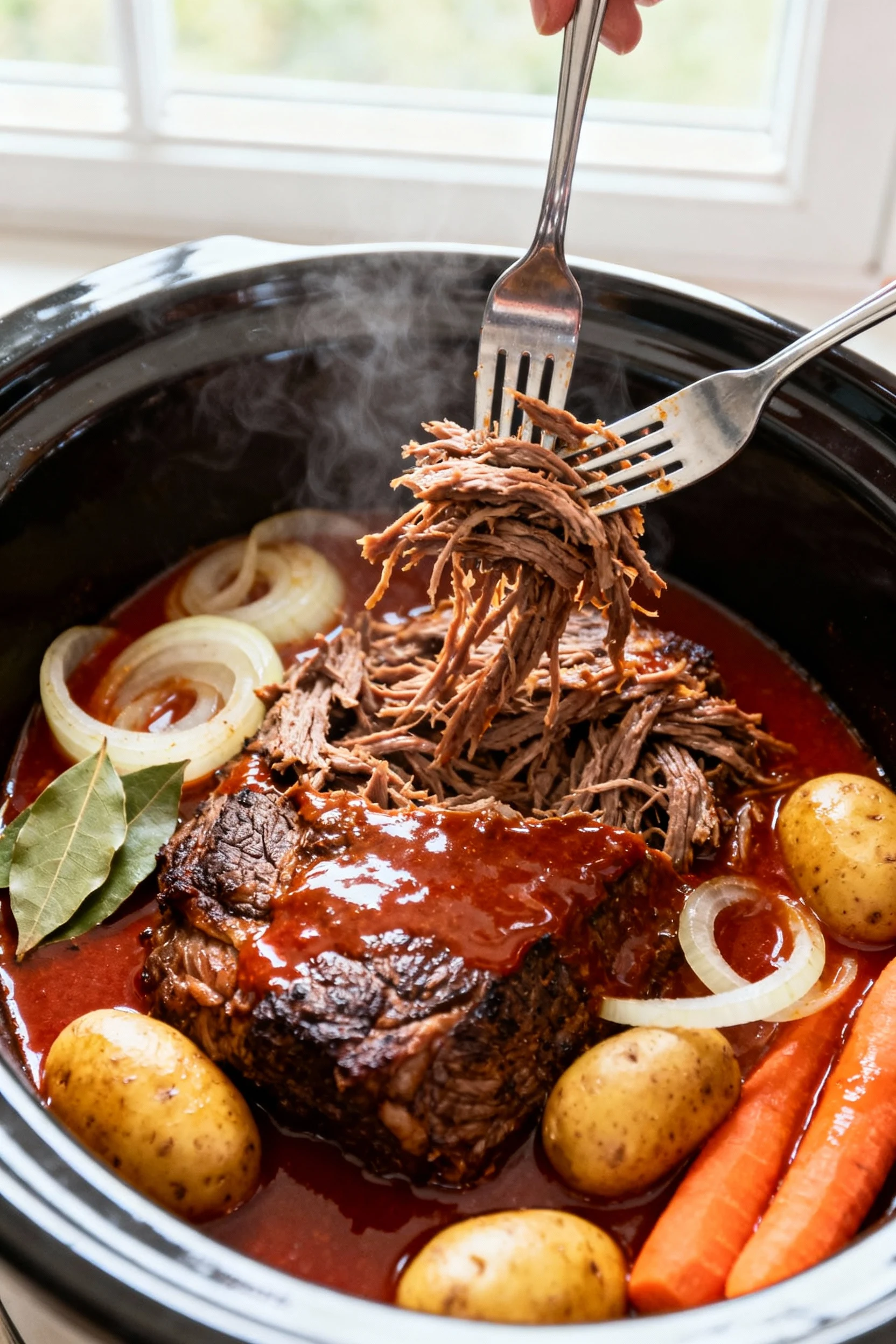 1. Cooking process overhead: fully cooked chuck roast in a slow cooker being shredded with two forks (no hands), strands