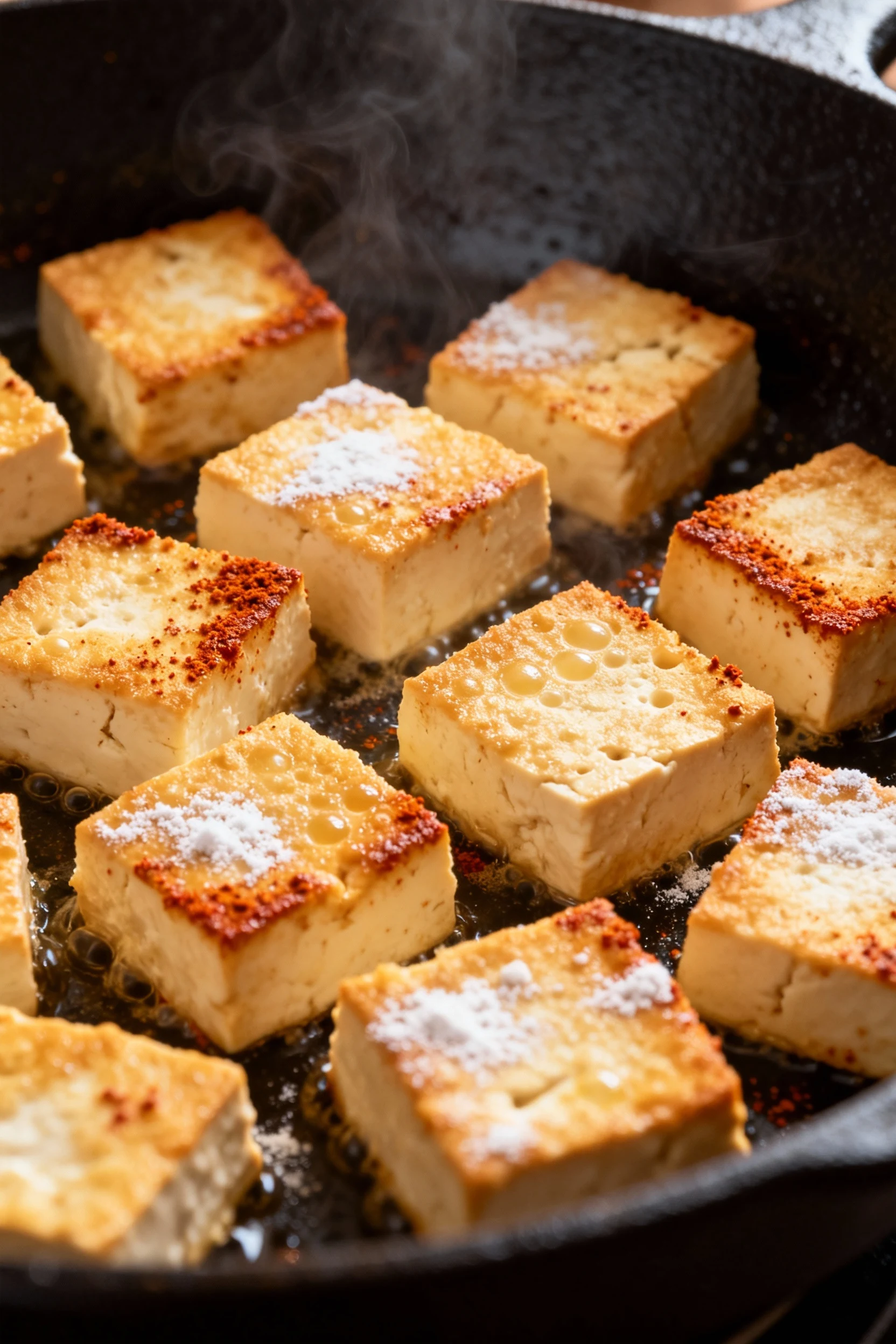 Cooking process: Extra-firm tofu cubes, cornstarch + pinch of baking powder, sizzling in a hot cast-iron skillet; shatte