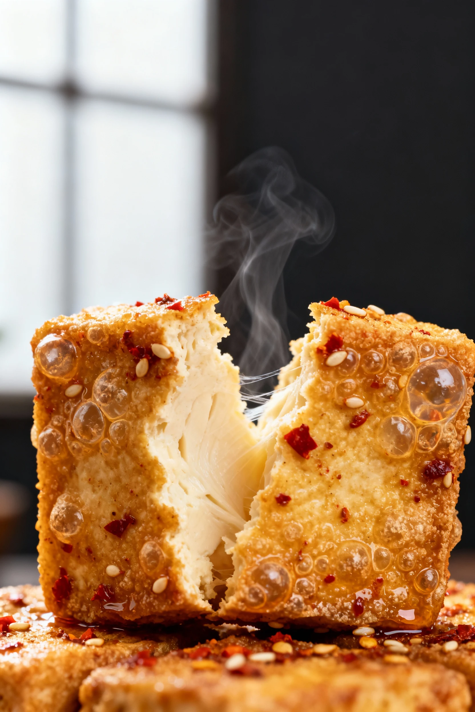 Close-up of extra-crispy air-fried tofu cube torn open to reveal a tender, steamy center; glassy cornstarch-and-baking-p