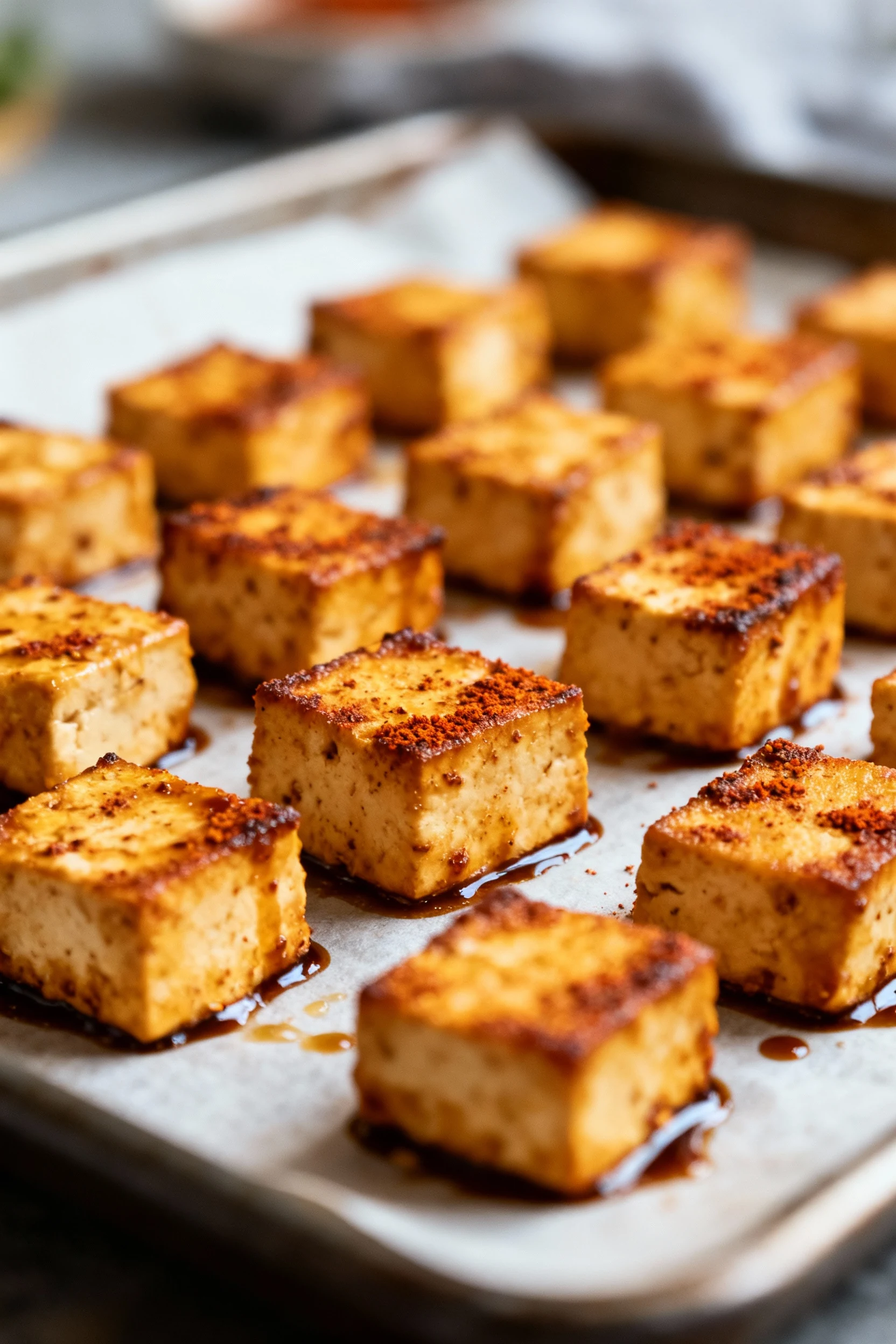 Close-up of golden-baked tofu cubes coated in soy sauce and smoked paprika, resting on a parchment-lined baking sheet, s