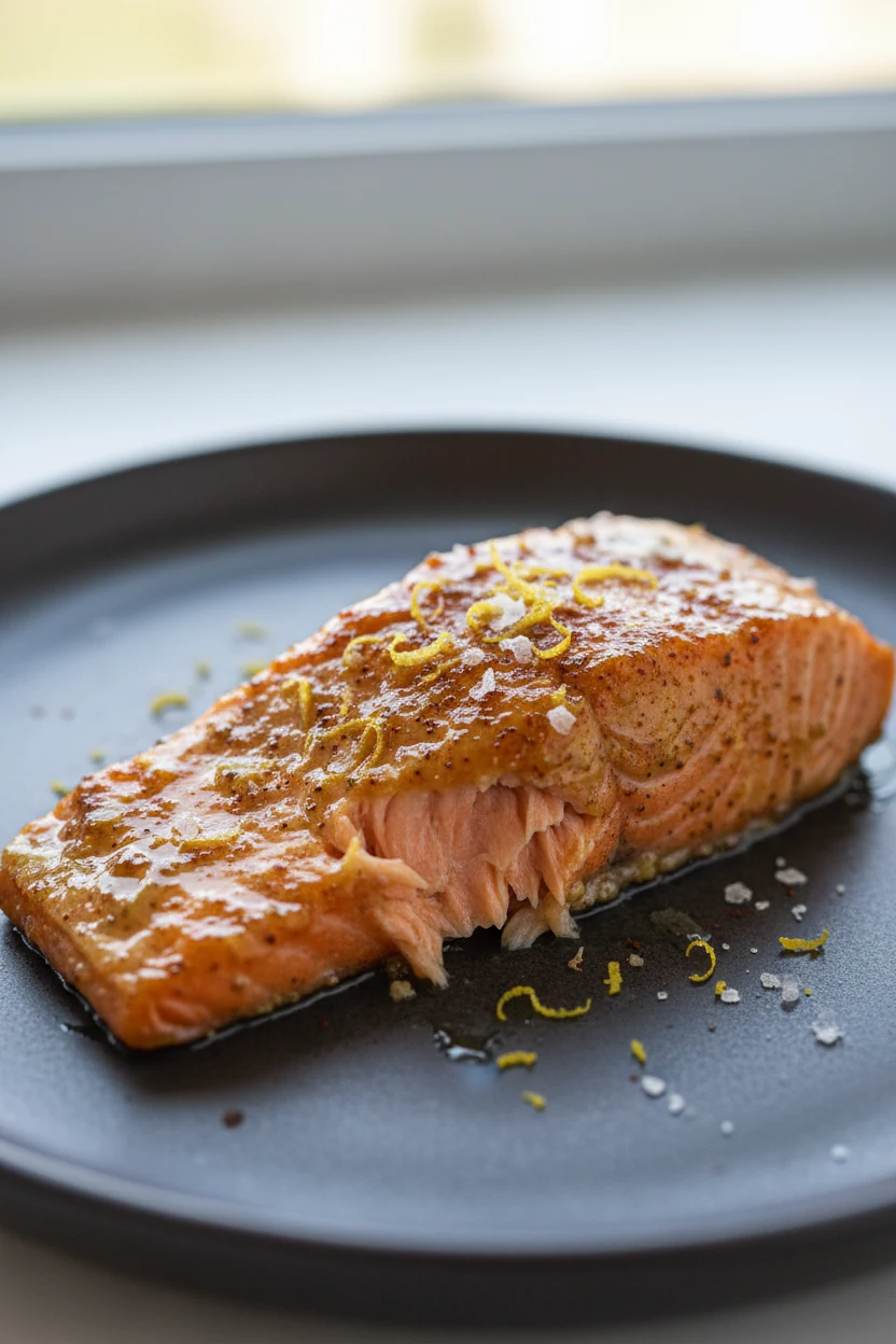 Close-up of crispy skin-on salmon fillet just out of the air fryer, honey-Dijon glaze with smoked paprika and garlic pow