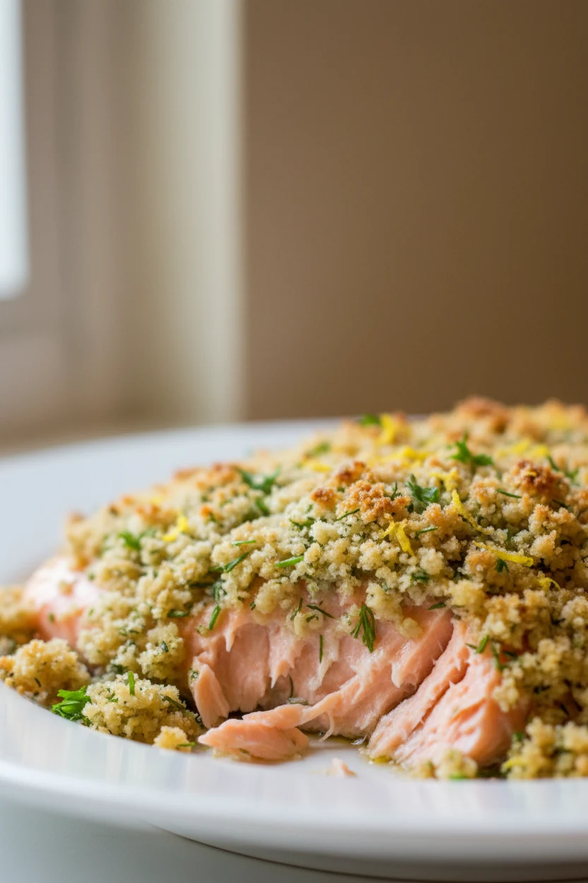 Close-up of herb-crusted salmon just baked: golden panko-dill-parsley crust with lemon zest speckles and olive oil sheen
