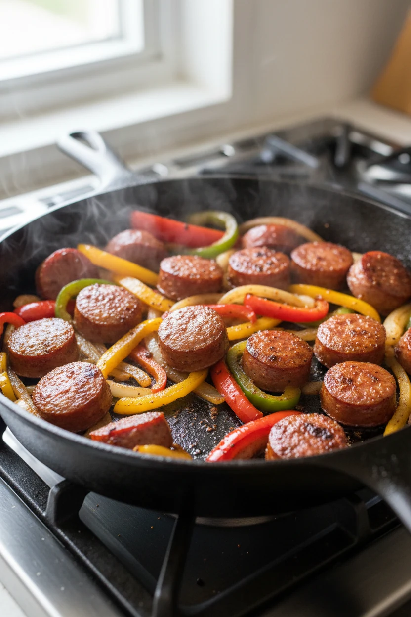 Cajun sausage and peppers searing in a 12-inch cast-iron skillet—sliced smoked sausage coins with crisp, blistered edges