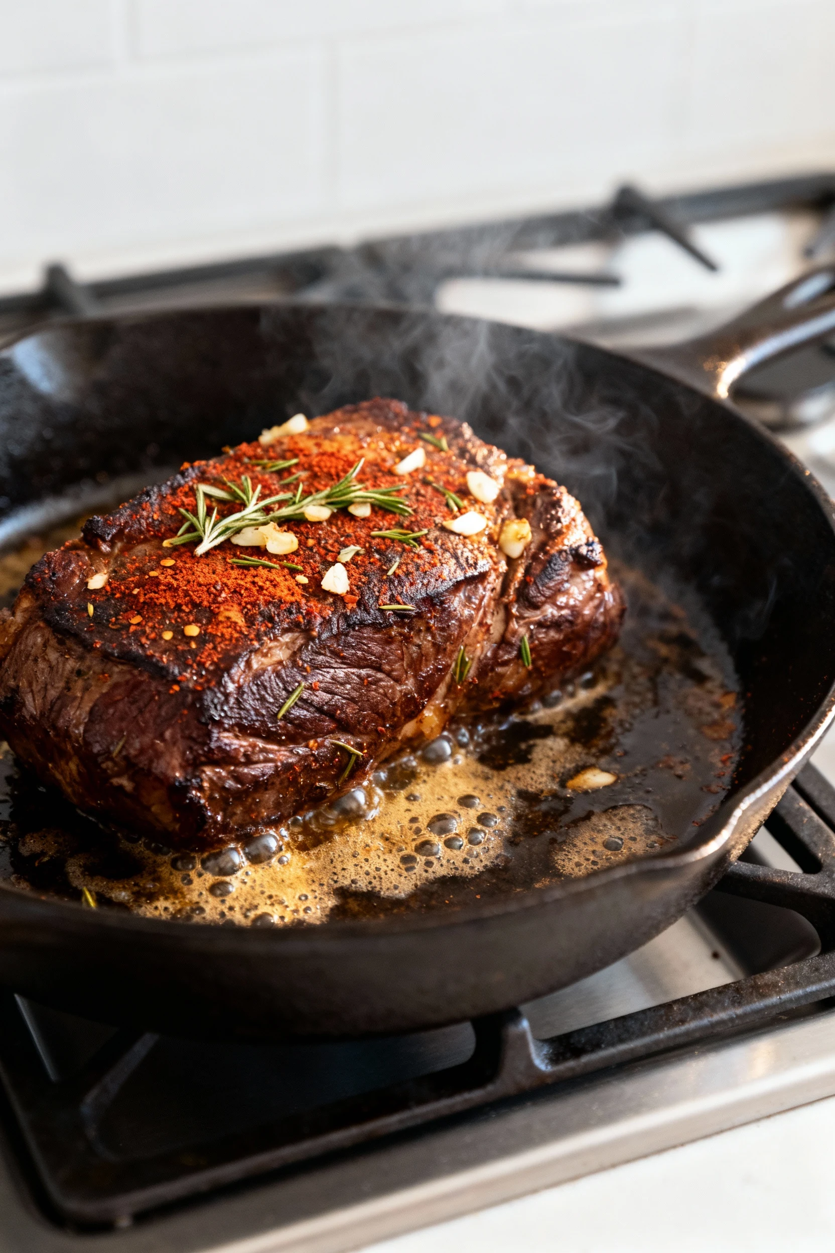 1. Cooking process close-up: chuck roast searing in a cast-iron skillet, deep mahogany crust forming with paprika-thyme 