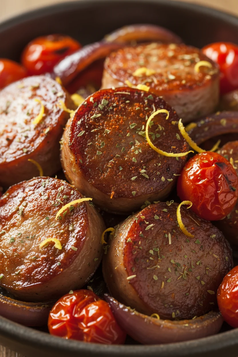 Close-up of browned sausage coins nestled among blistered cherry tomatoes and caramelized red onion, crispy edges gliste
