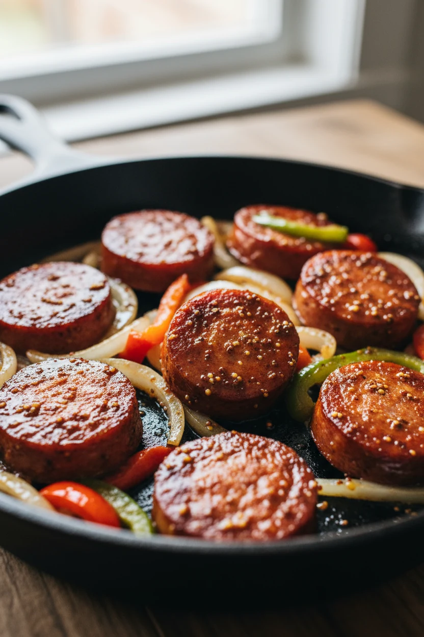 Close-up of 1/2-inch kielbasa coins sizzling in a skillet with a mahogany crust, smoky paprika sheen, softened onions an