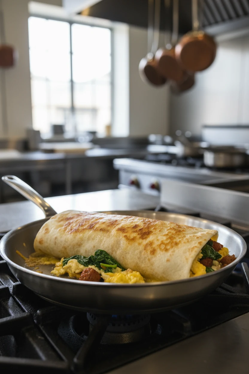 Loaded Egg & Veggie Breakfast Burrito being prepared, seam-side down searing in a hot skillet—tortilla bubbling to a gol