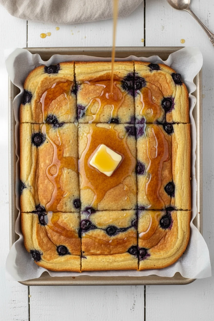 Overhead shot of golden sheet-pan pancake squares sliced on a parchment-lined rimmed pan, blueberries baked into the cru