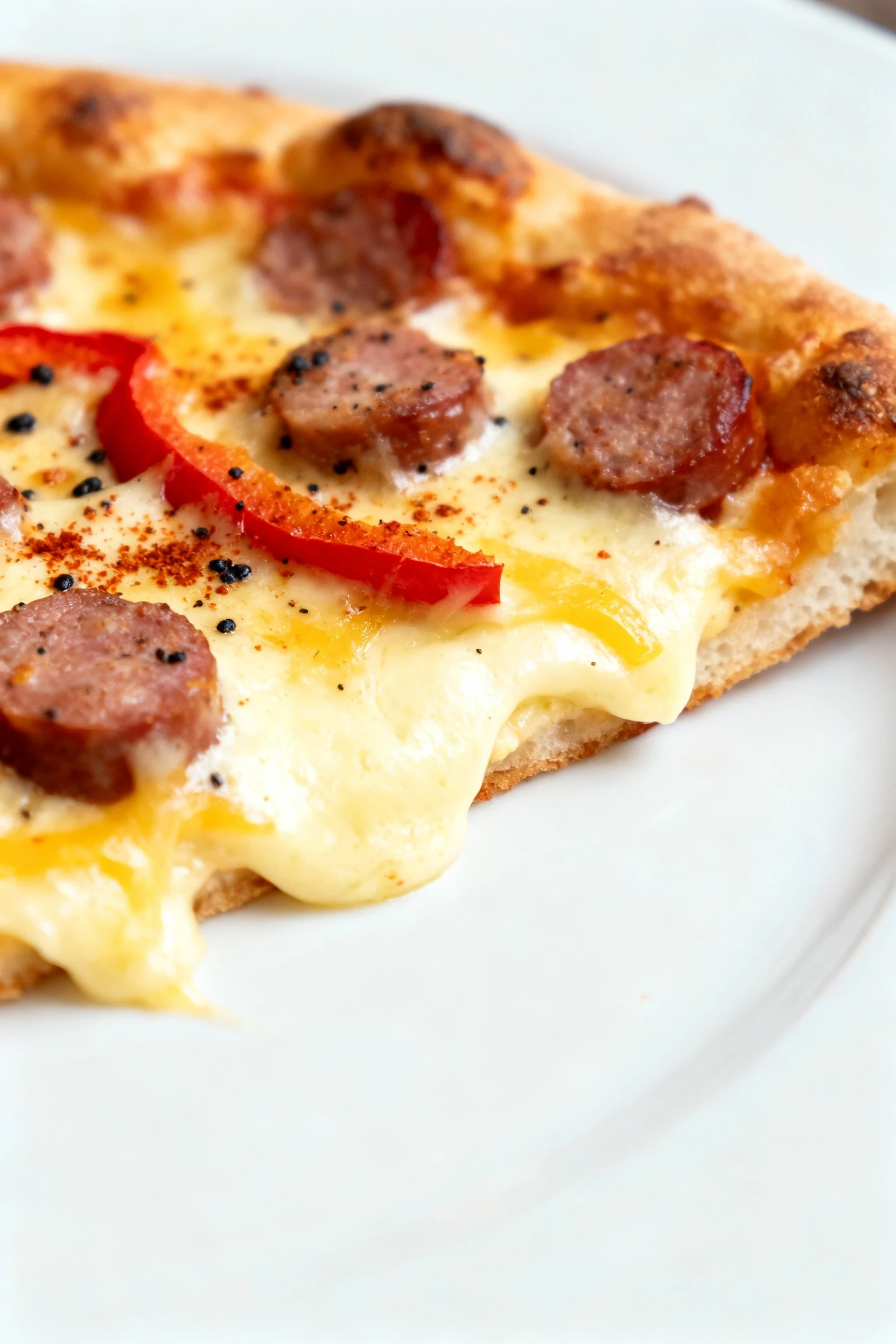 Food photography, Close-up macro of a plated slice showing custardy center and crispy edges, melty cheddar/mozzarella pu