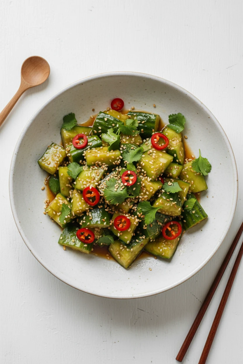 Overhead shot of finished Asian smashed cucumber salad served in a wide ceramic bowl, sprinkled with toasted sesame seed