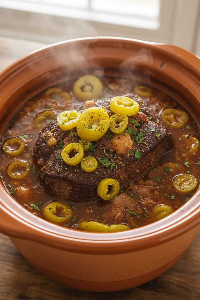 Overhead shot of Mississippi chuck roast in a crockpot during the final hour of slow cooking, meat bathed in seasoned br