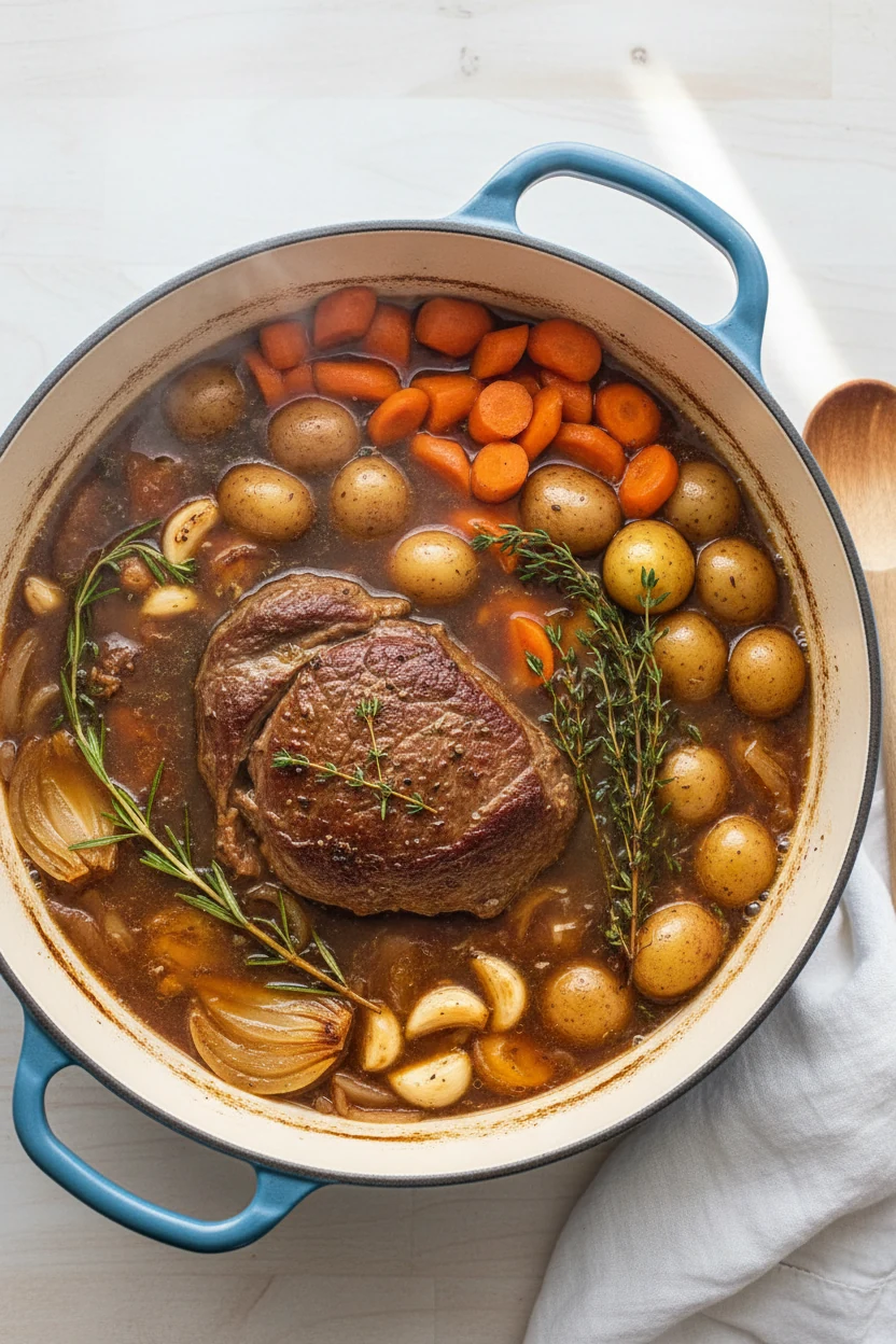 Overhead shot of a Dutch oven mid-cook, showing tender chuck roast nestled in a deep, glossy broth infused with onions, 