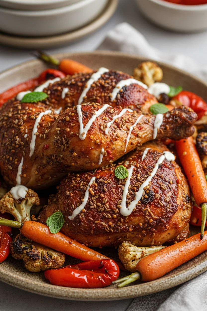 Close-up of harissa-roasted chicken glazed with cumin and coriander, nestled with charred cauliflower, tender carrots, a