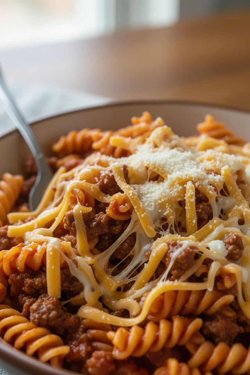 Close-up detail: off-heat fold-in of shredded cheddar and mozzarella, ribbons melting through saucy pasta and beef, glos