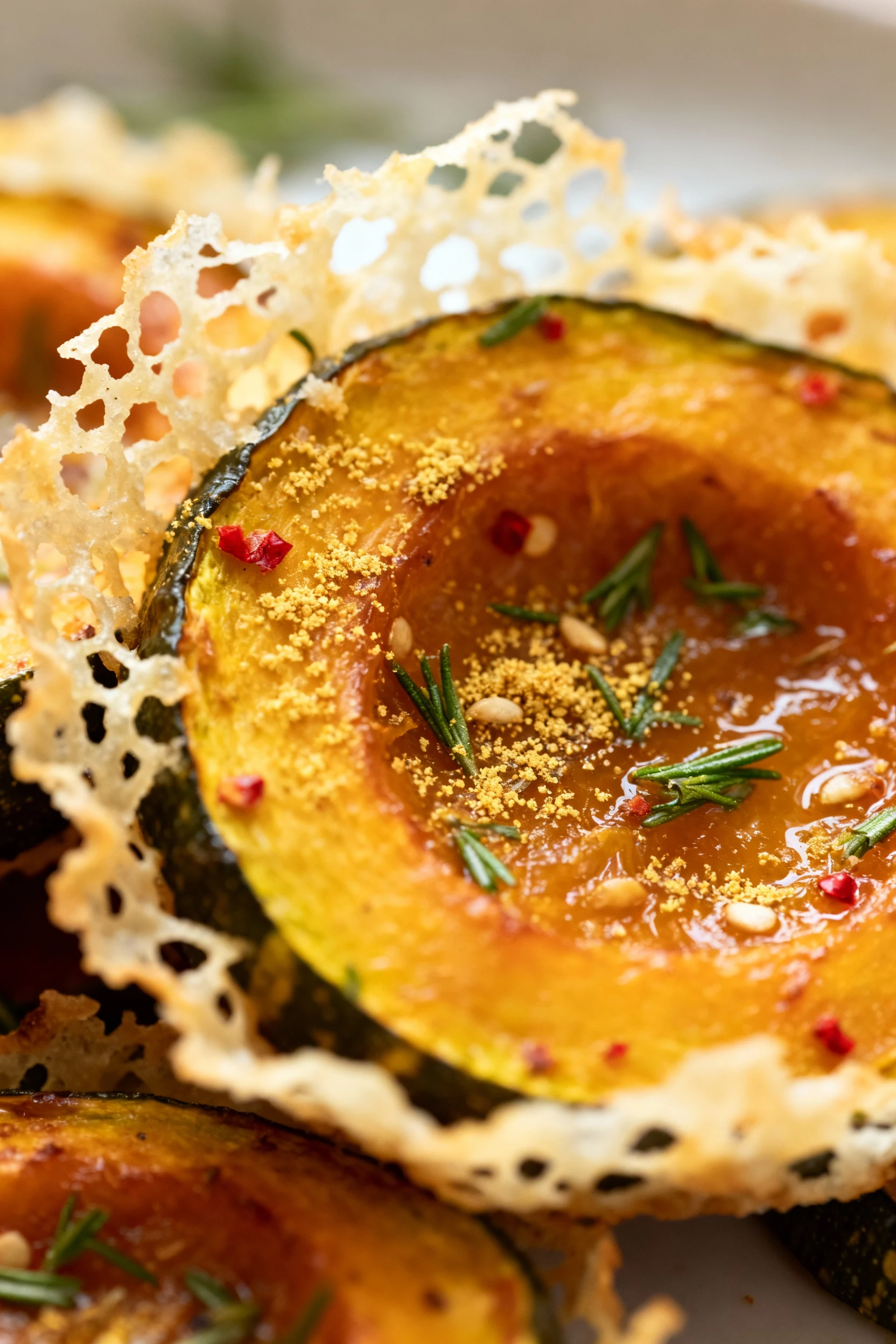 Macro close-up of roasted squash medallions with lacy, crisp Parmesan frico and tender centers, speckled with garlic pow