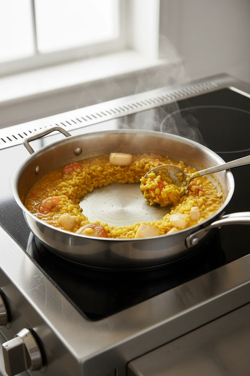2. Seafood risotto mid-cook: in a wide saucier, toasted arborio at a gentle simmer with saffron-infused stock, a spoon-d