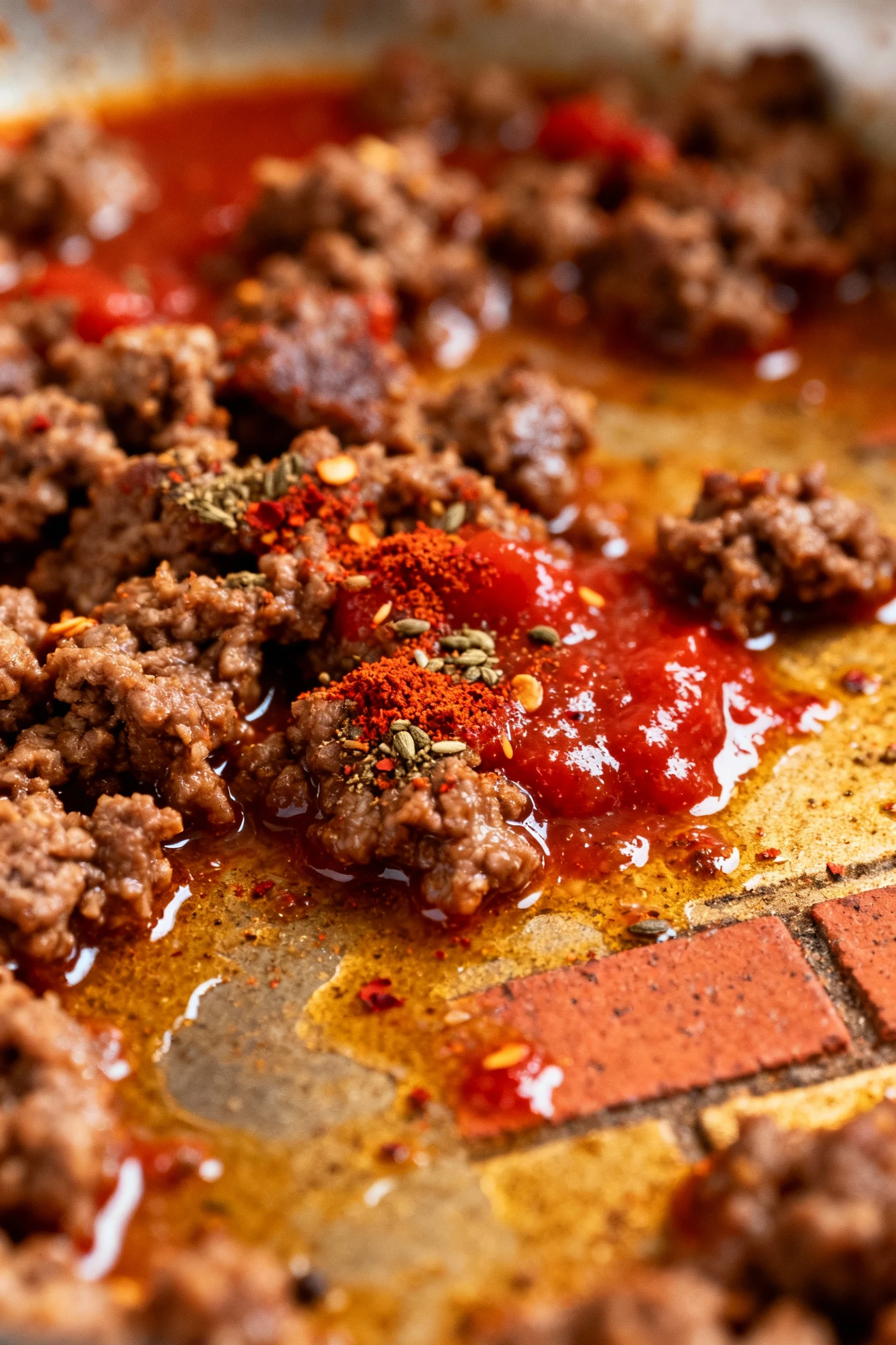 Close-up detail: cooked taco meat with spices and tomato paste bloomed in fat—brick-red hue, specks of chili powder, cum