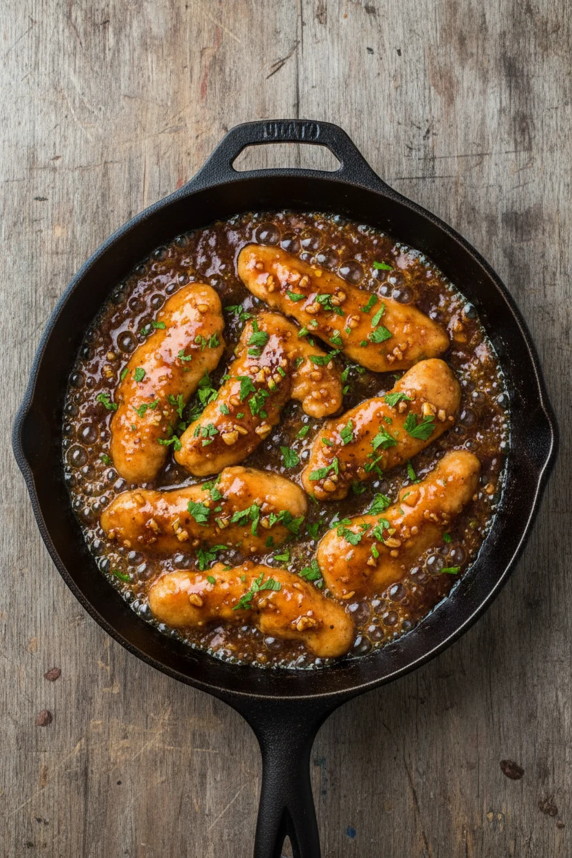 Overhead shot of freshly coated chicken tenders simmering in bubbling honey–soy–garlic sauce, sprinkled with vibrant cho