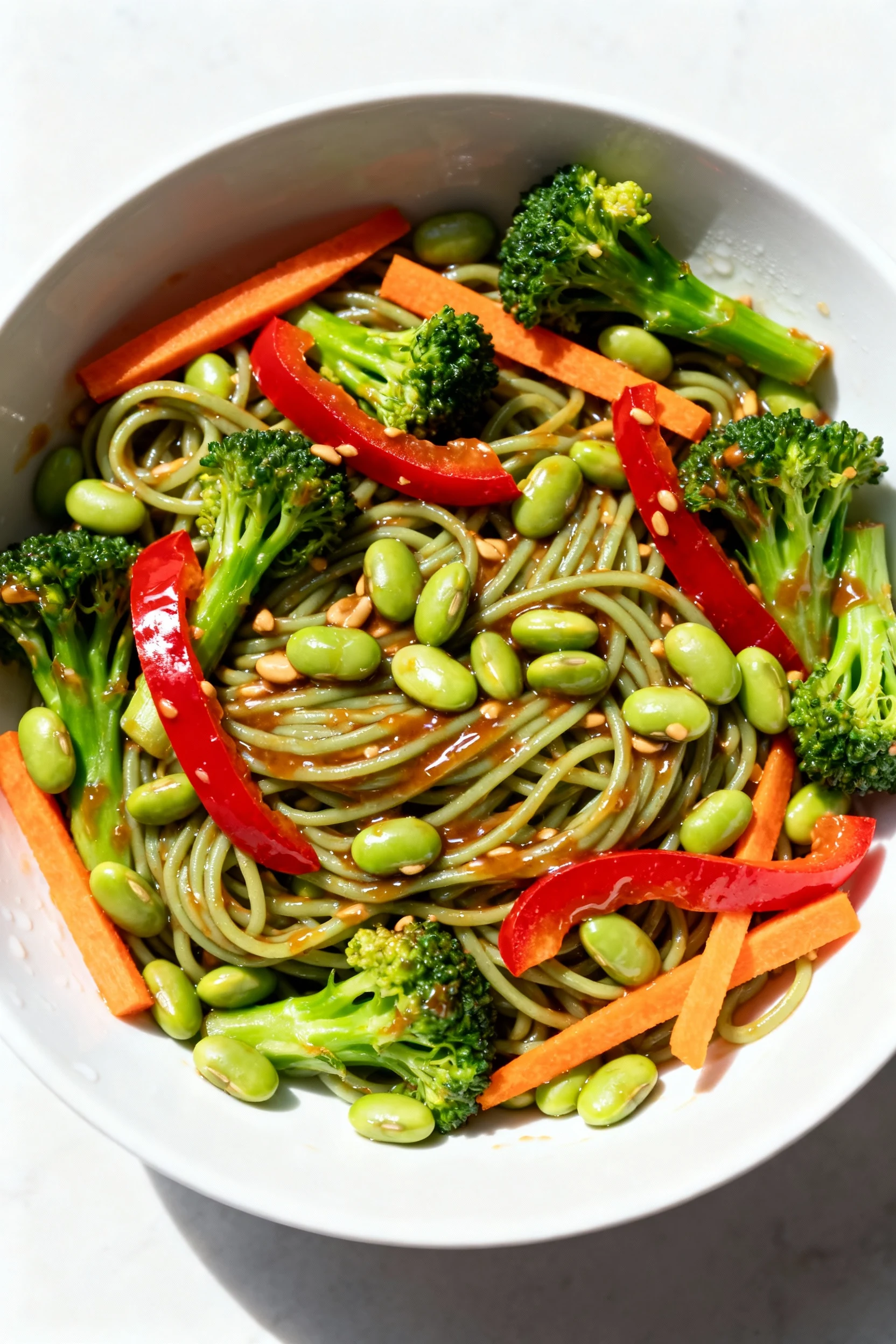 Overhead toss: edamame spaghetti and blanched broccolini mixed with glossy peanut-miso-tamari sauce; red bell pepper sli
