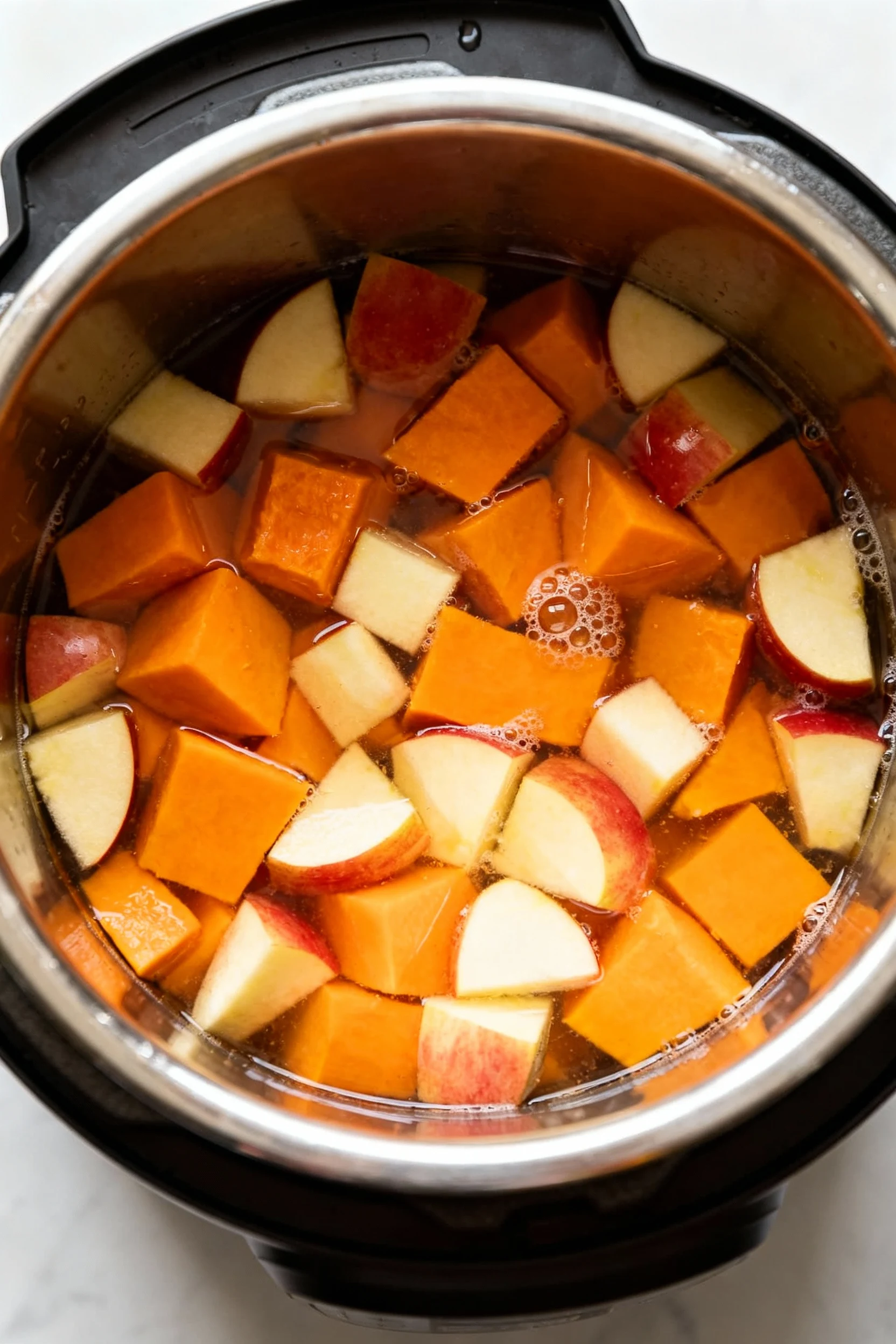 Overhead of the Instant Pot after pressure cooking: tender butternut squash and tart apple cubes bathed in hot low-sodiu