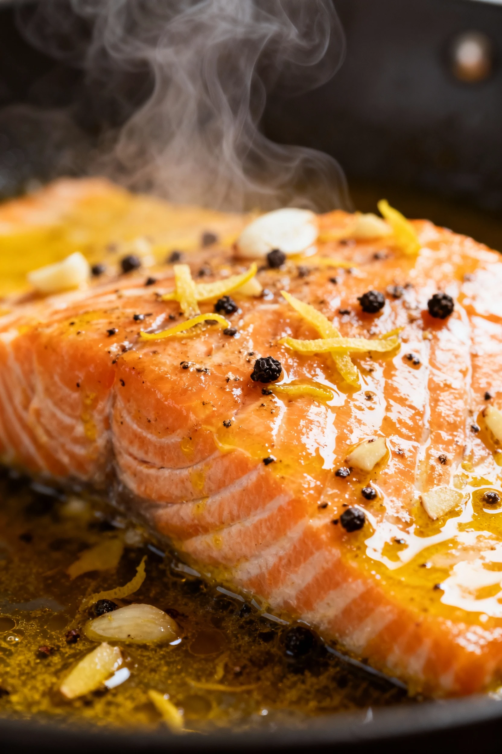 Macro close-up of salmon flaking at perfect medium doneness, glossy with golden turmeric oil, ginger and garlic flecks,