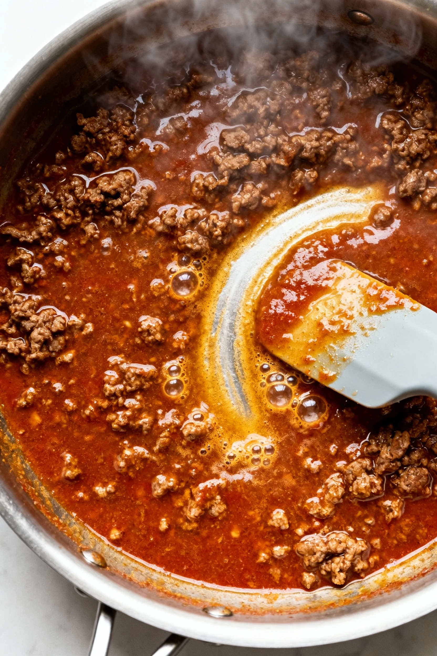 Overhead shot of taco meat simmering with water, cornstarch creating a rich, clingy sauce: gentle bubbles, deep reddish-