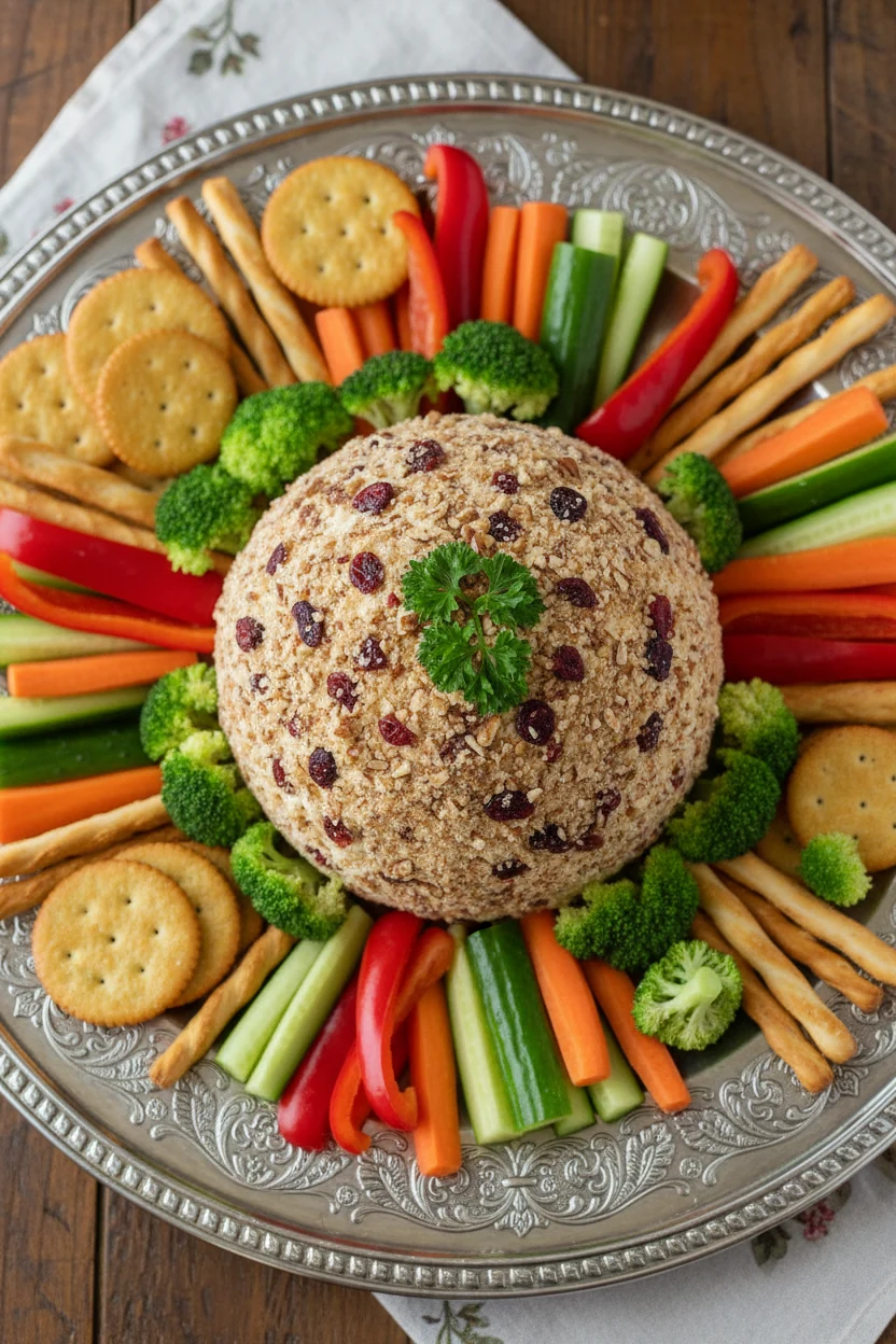 Overhead shot of the chilled cheese ball on a decorative platter surrounded by neatly arranged crackers, breadsticks, an