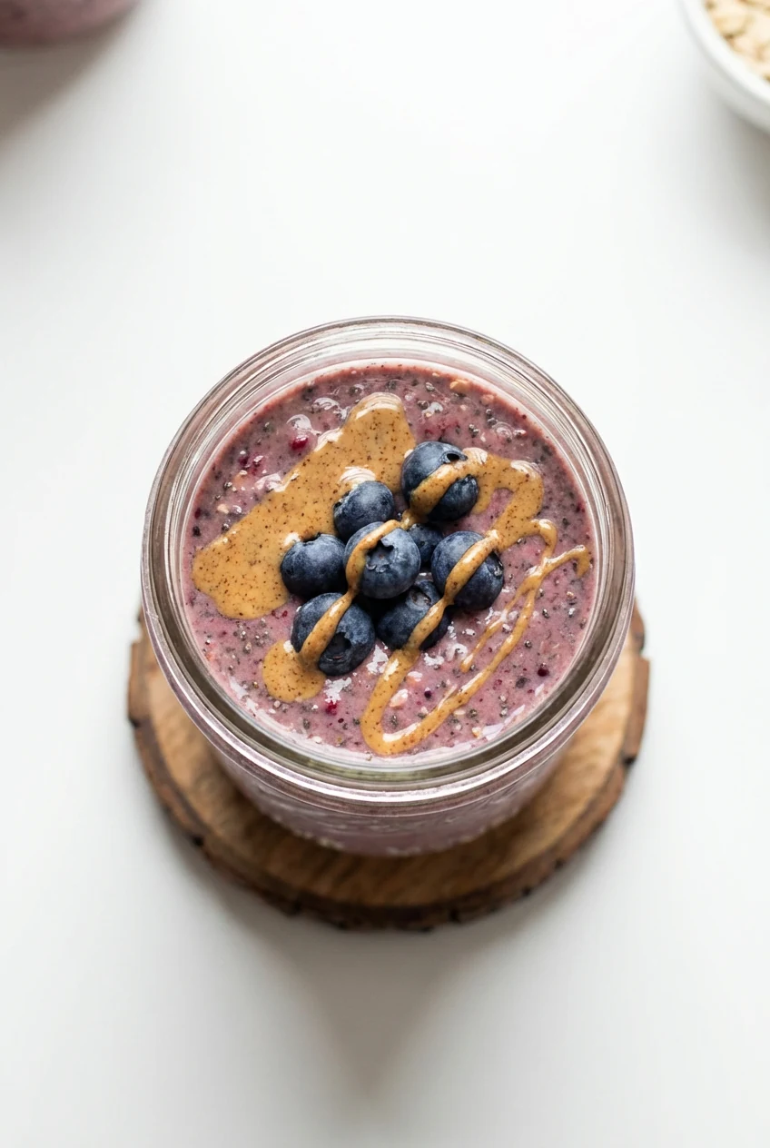 Overhead shot of the prepared heart-healthy smoothie in a wide-mouth mason jar, garnished with fresh blueberries and a d