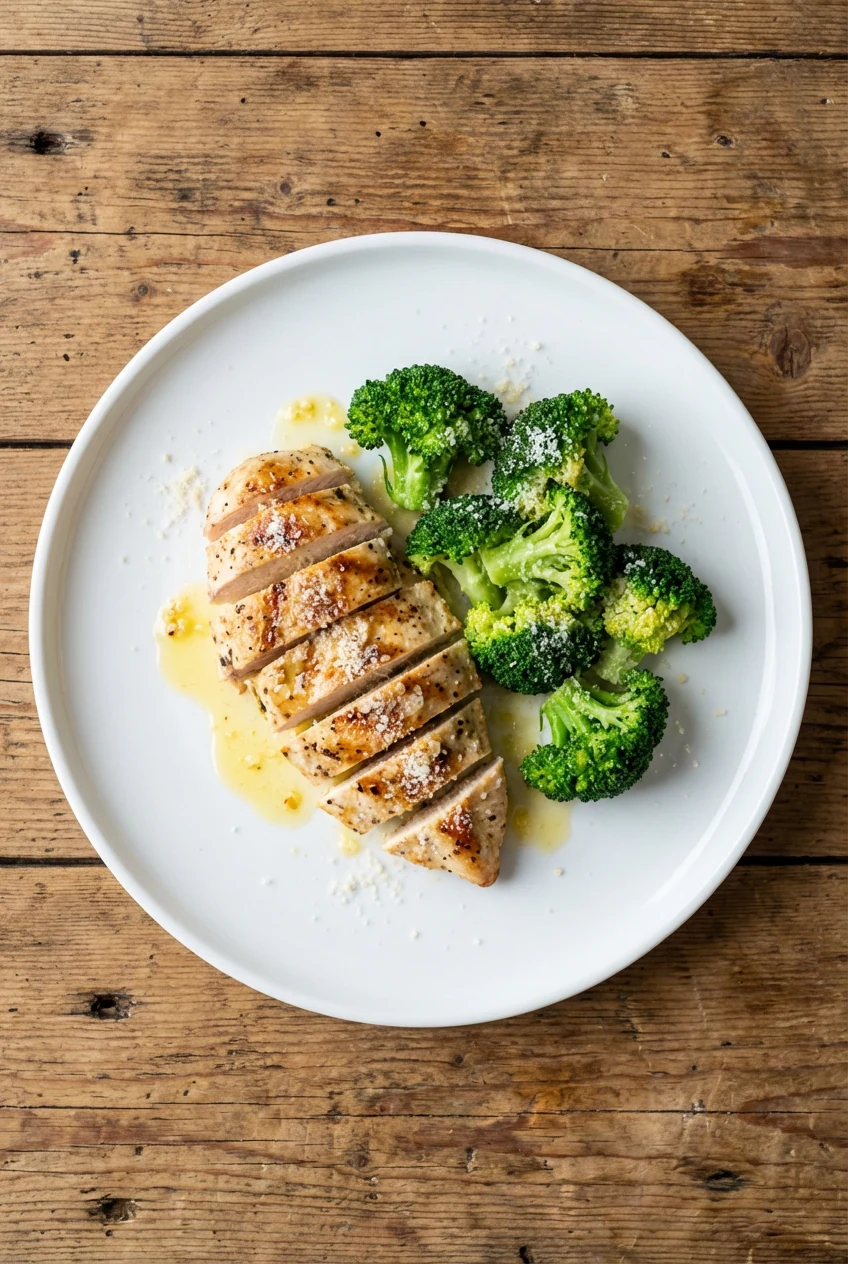 Overhead shot of final plated low-carb chicken and vibrant bright-green broccoli florets, drizzled with garlic-infused b