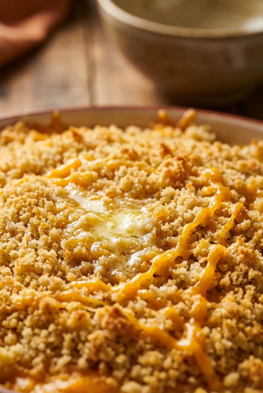 2. Close-up detail of crispy breadcrumb crust with melted butter glistening, cheddar strands peeking through, shallow de