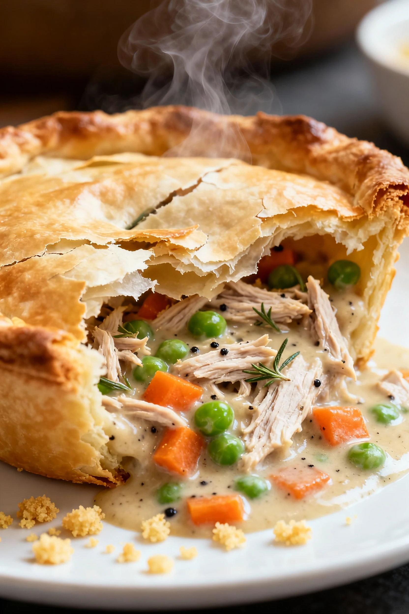 Close-up of a plated slice of turkey pot pie: ultra-flaky shattering crust layers, creamy gravy studded with shredded tu