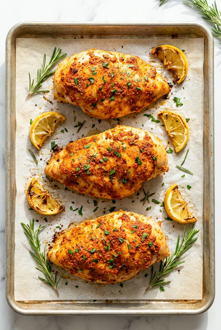 2. Overhead shot of baked chicken breasts resting on a sheet pan, lemon wedges alongside, vibrant seasoning crust visibl